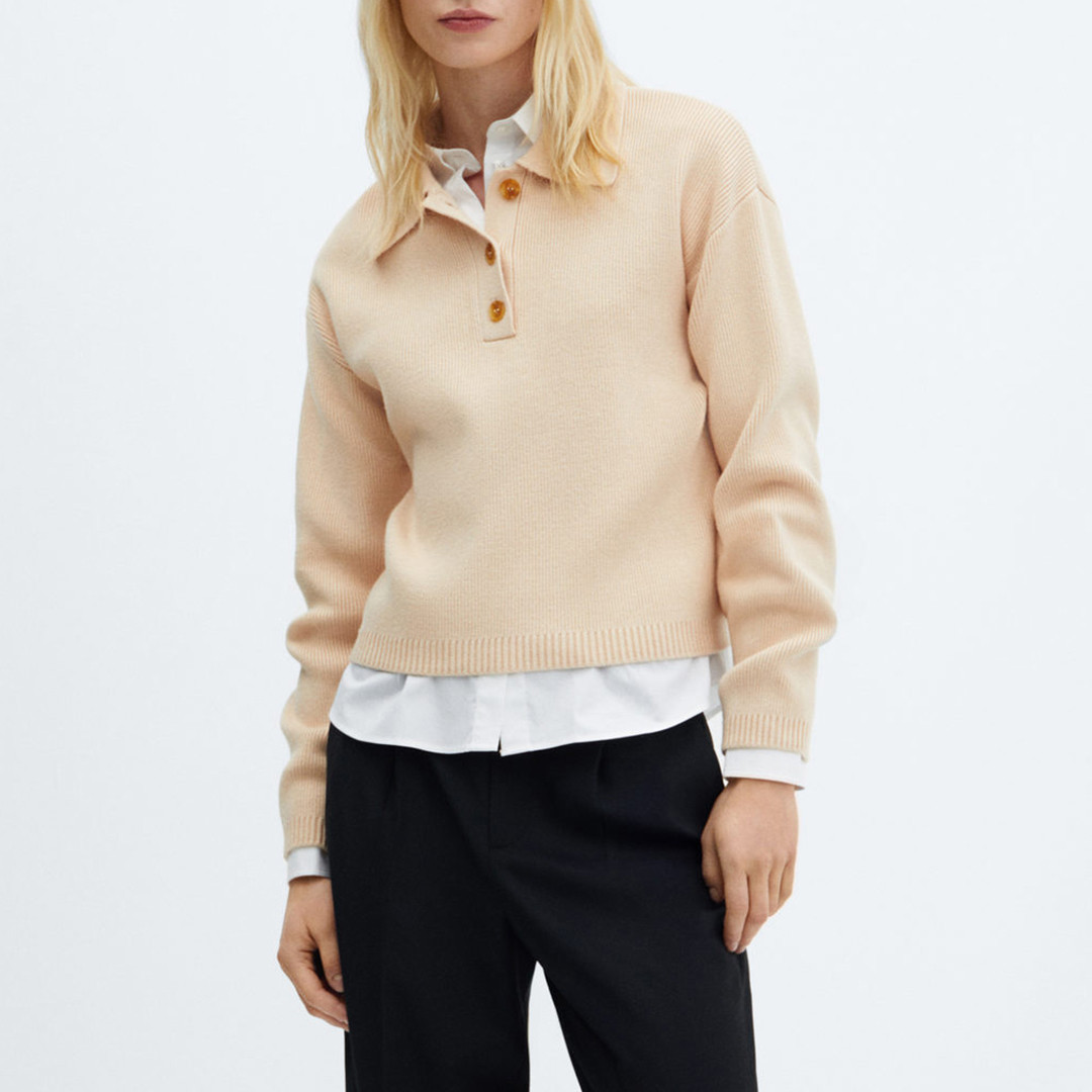 Beige Buttoned Collar Knit Jumper