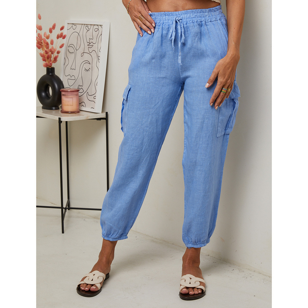 Blue Linen Cargo Trousers