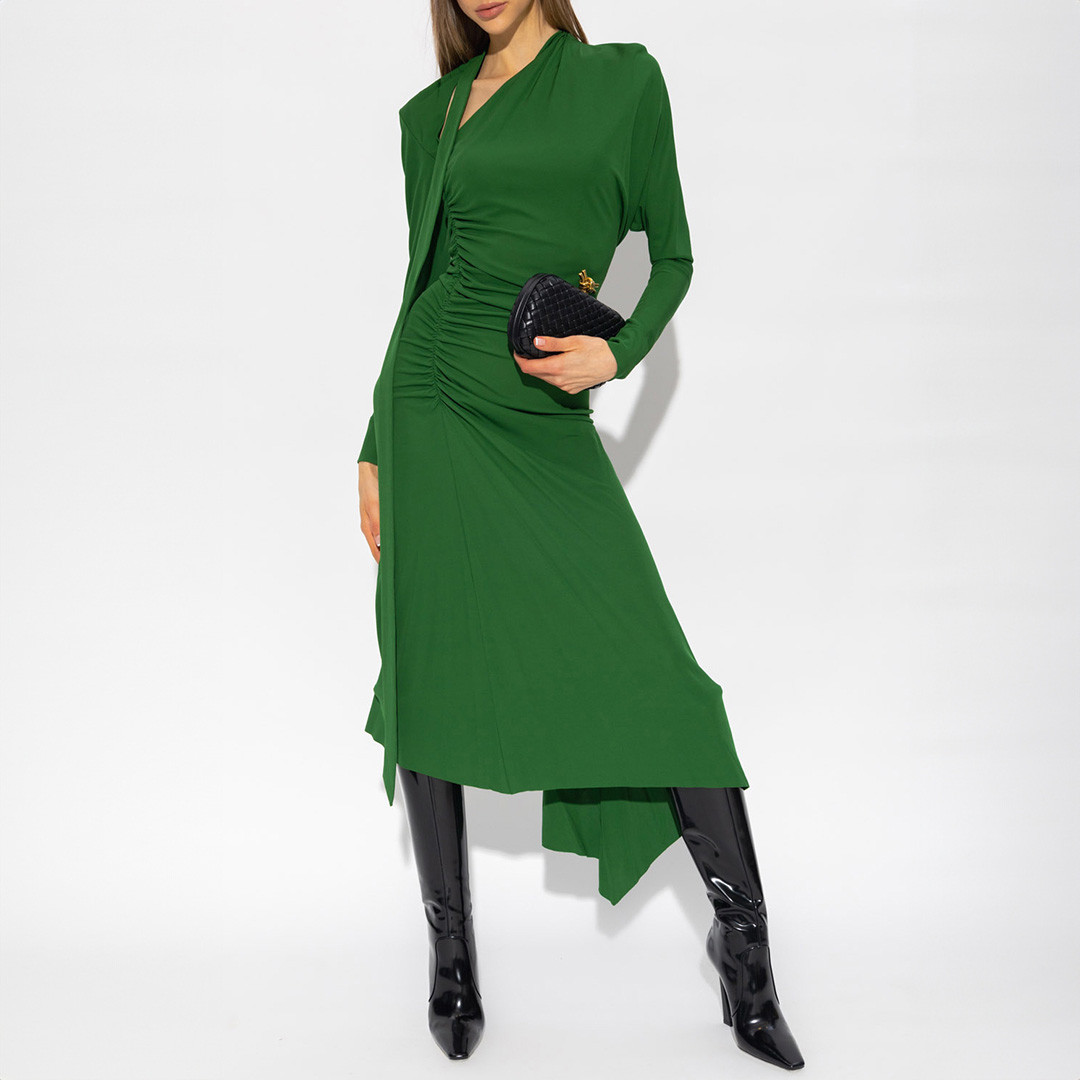 Green Slash-Neck Ruched Midi Dress