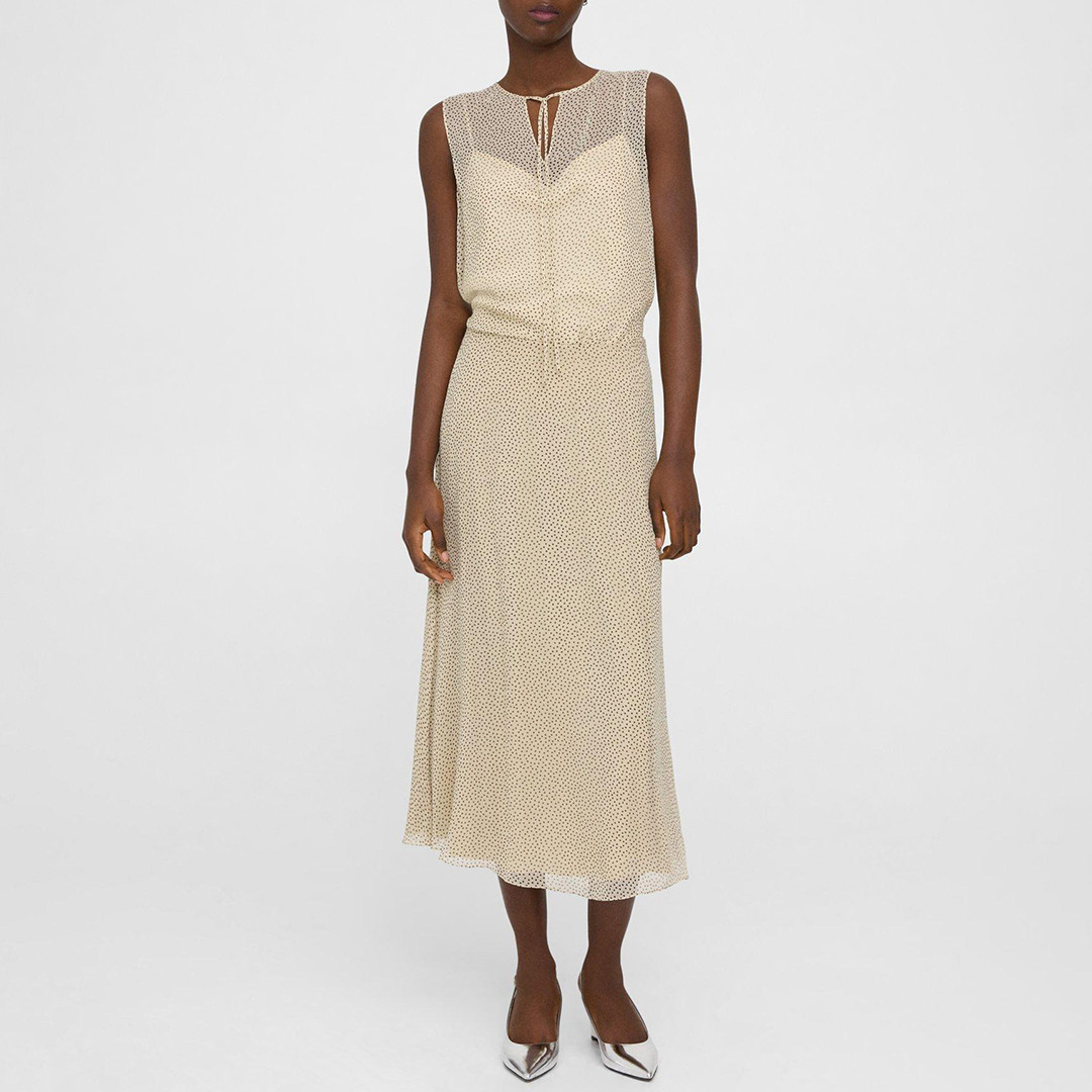 Cream Tie Neck Silk Midi Dress