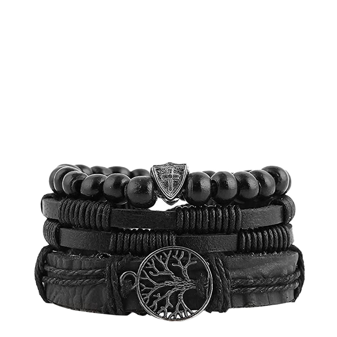 Black Leather Bracelet Set