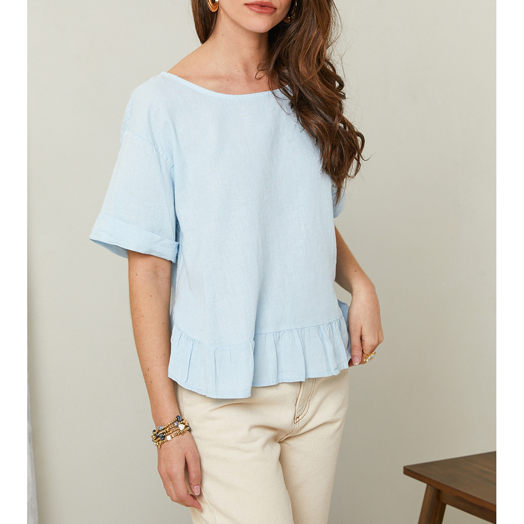 Light Blue Ruffle Hem Linen Top