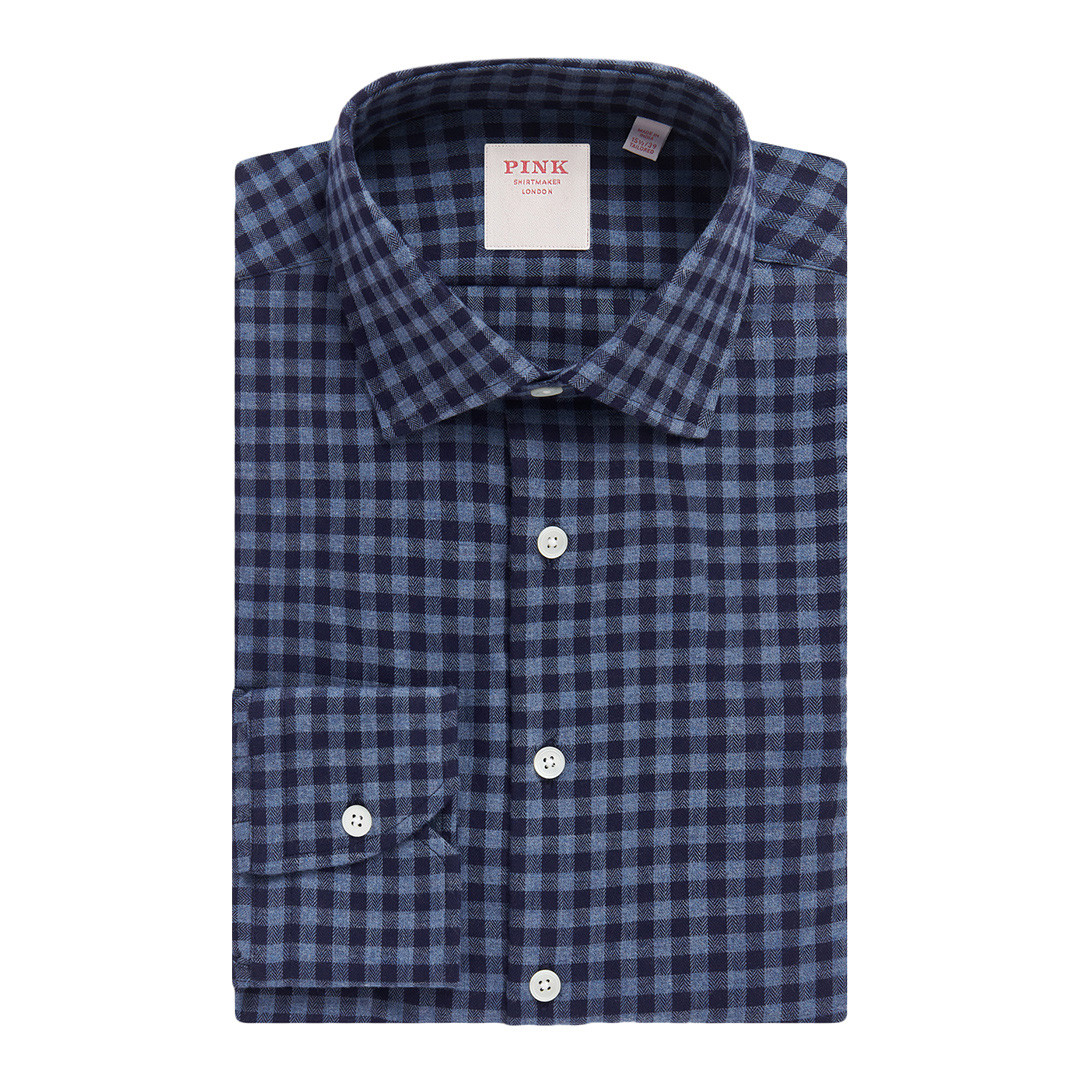 Navy Herringbone Check Tailored Fit Cotton Shirt