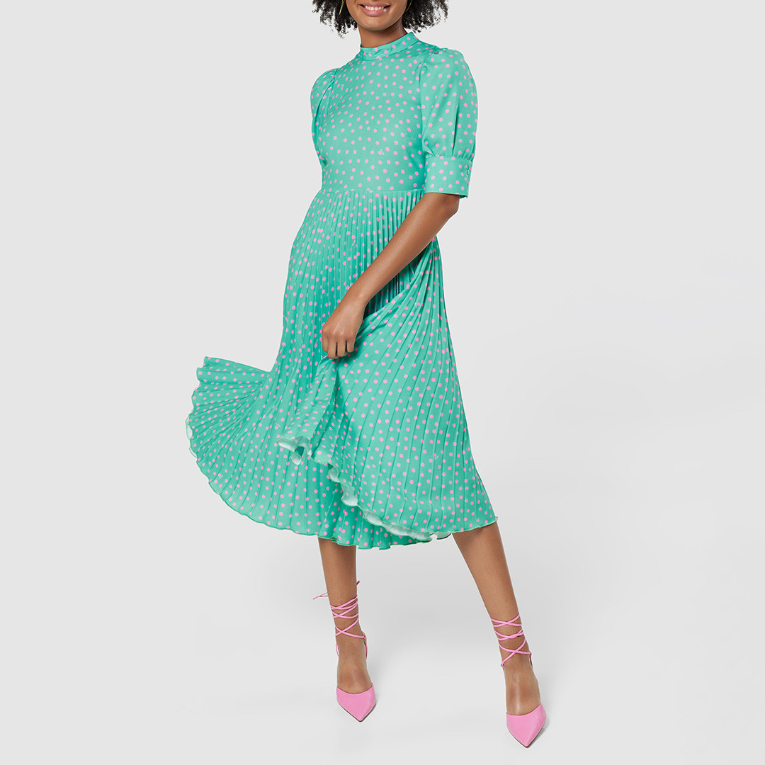 Mint Polka Print Pleated Dress
