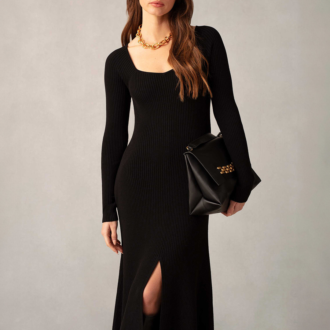 Black Rib Knit Midi Dress