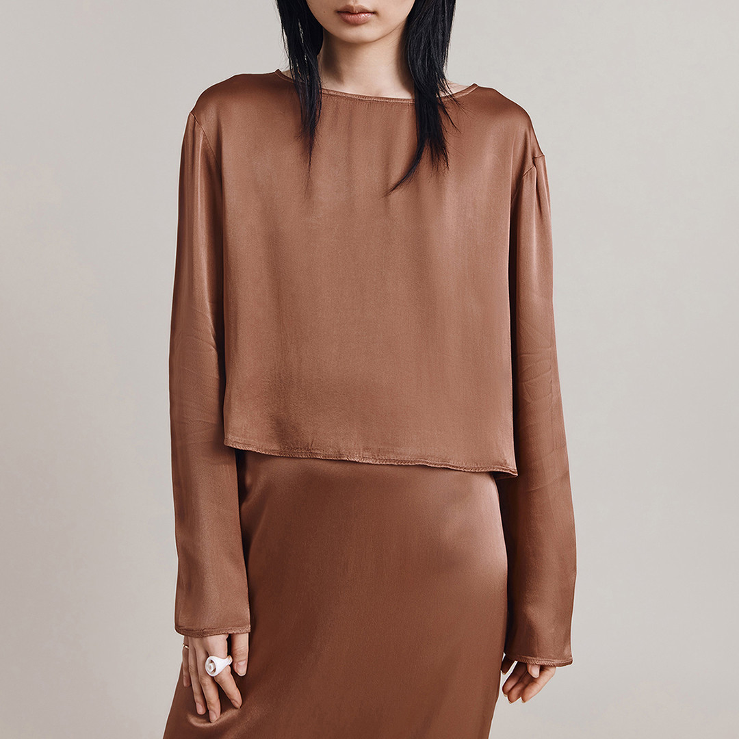 Toffee Satin Boat Neck Blouse
