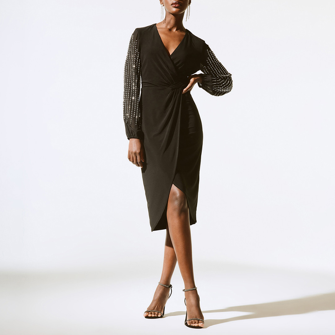 Black Asymmetric Wrap Midi Dress