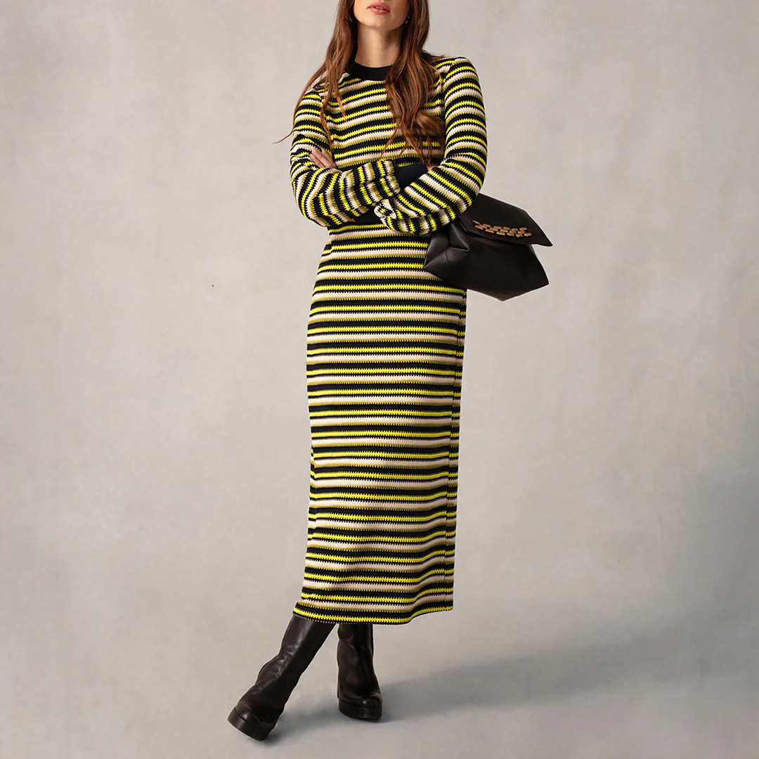 Green Textured Stripe Knitted Dress