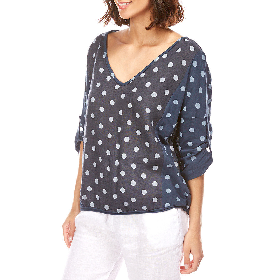 Navy Linen Polka Dot Top