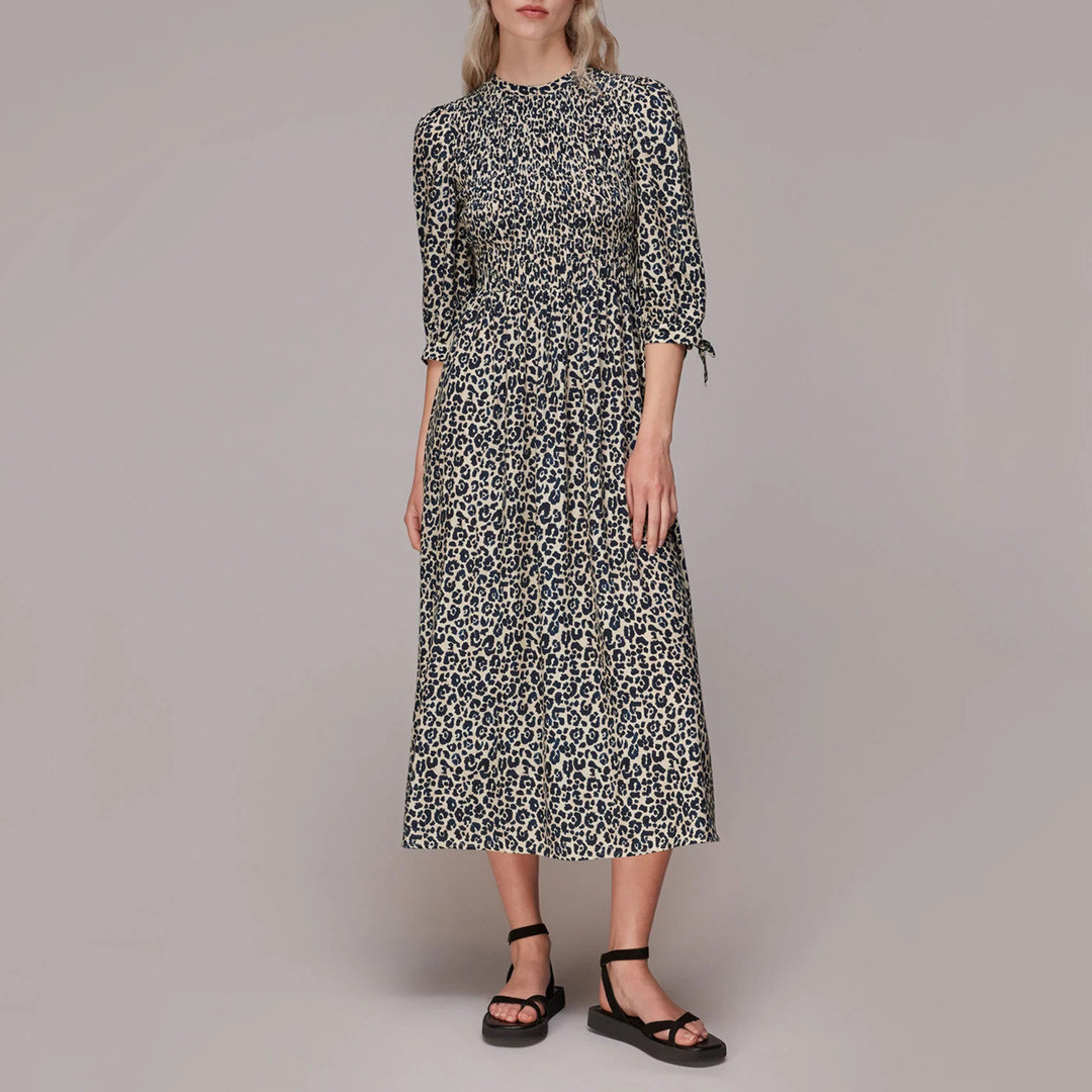 Black Animal Print Shirred Midi Dress
