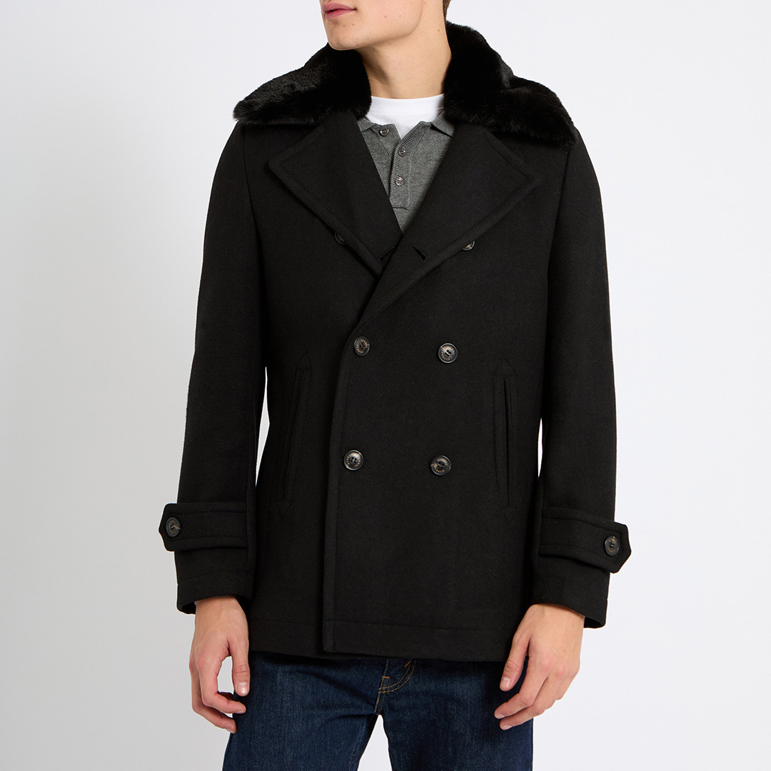 Black Faux Fur Collar Wool Blend Short Coat