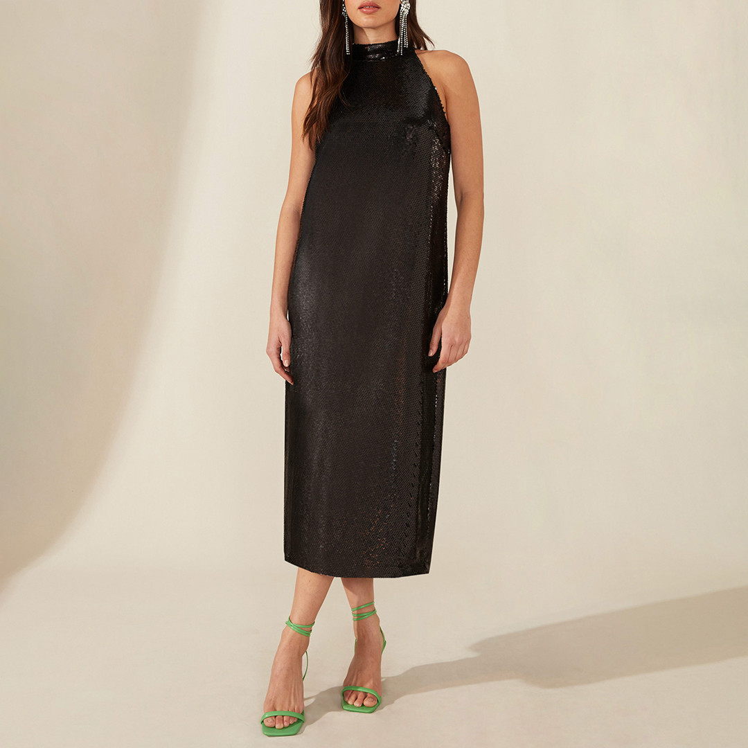 Black Sequin Halter Midi Dress