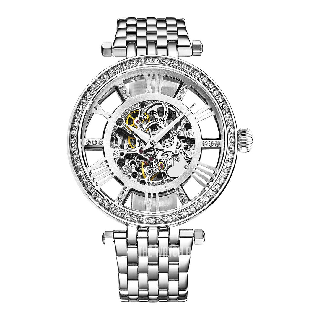 Women's Silver Crystal Studded Automatic Bracelet Watch