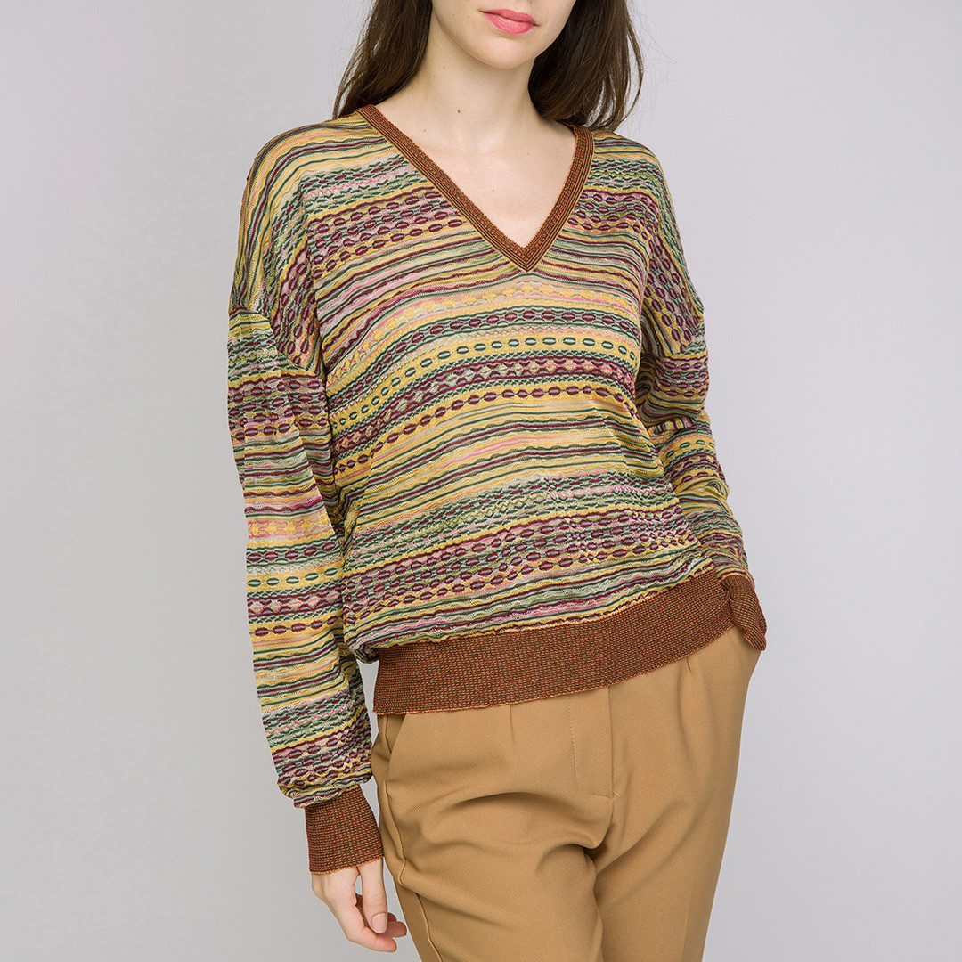 Brown/Yellow Multi V-Neck Cotton Blend Jumper