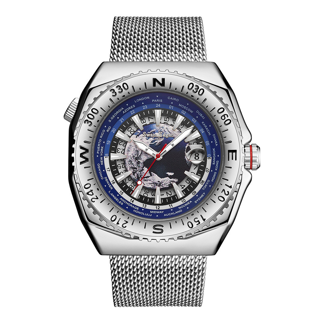 Men's Silver Swan & Edgar World Compass Watch 51mm