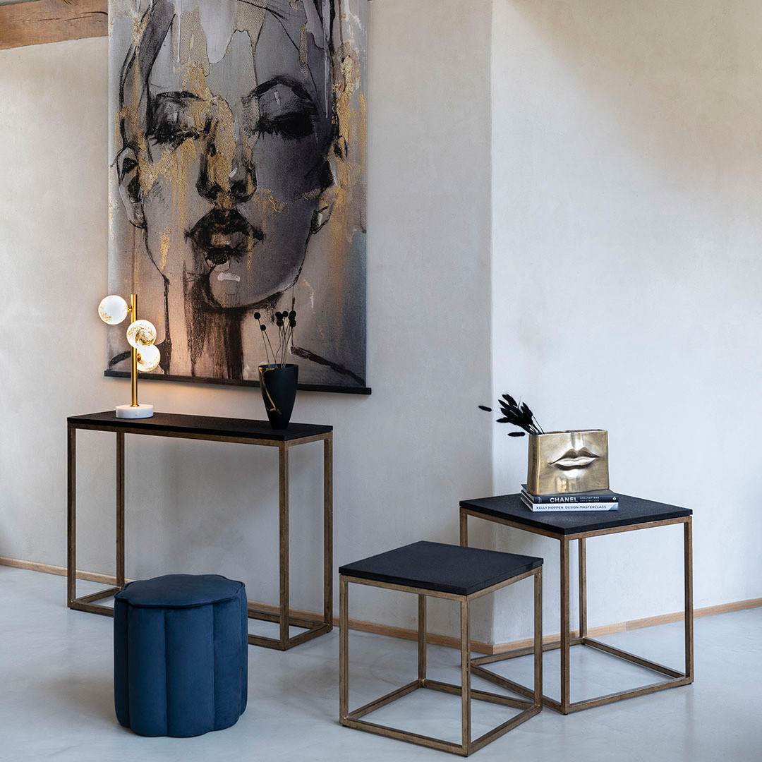 Kirkstone Iron Set of 2 Side Tables in Aged Champagne Finish with Galaxy Slate