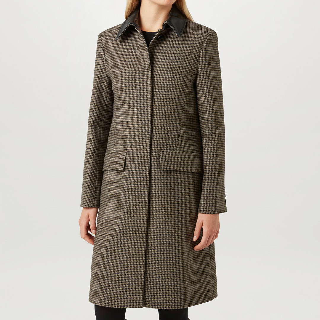 Brown Stannic Houndstooth Wool Blend Coat