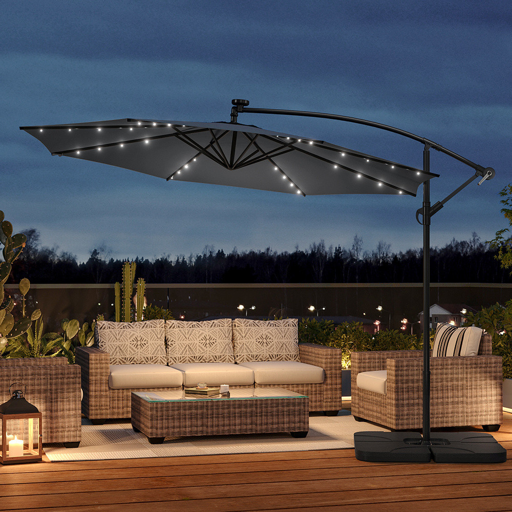 Outdoor 32 LED Lighted Patio Umbrella with Crank Lift System 2 Bases Set