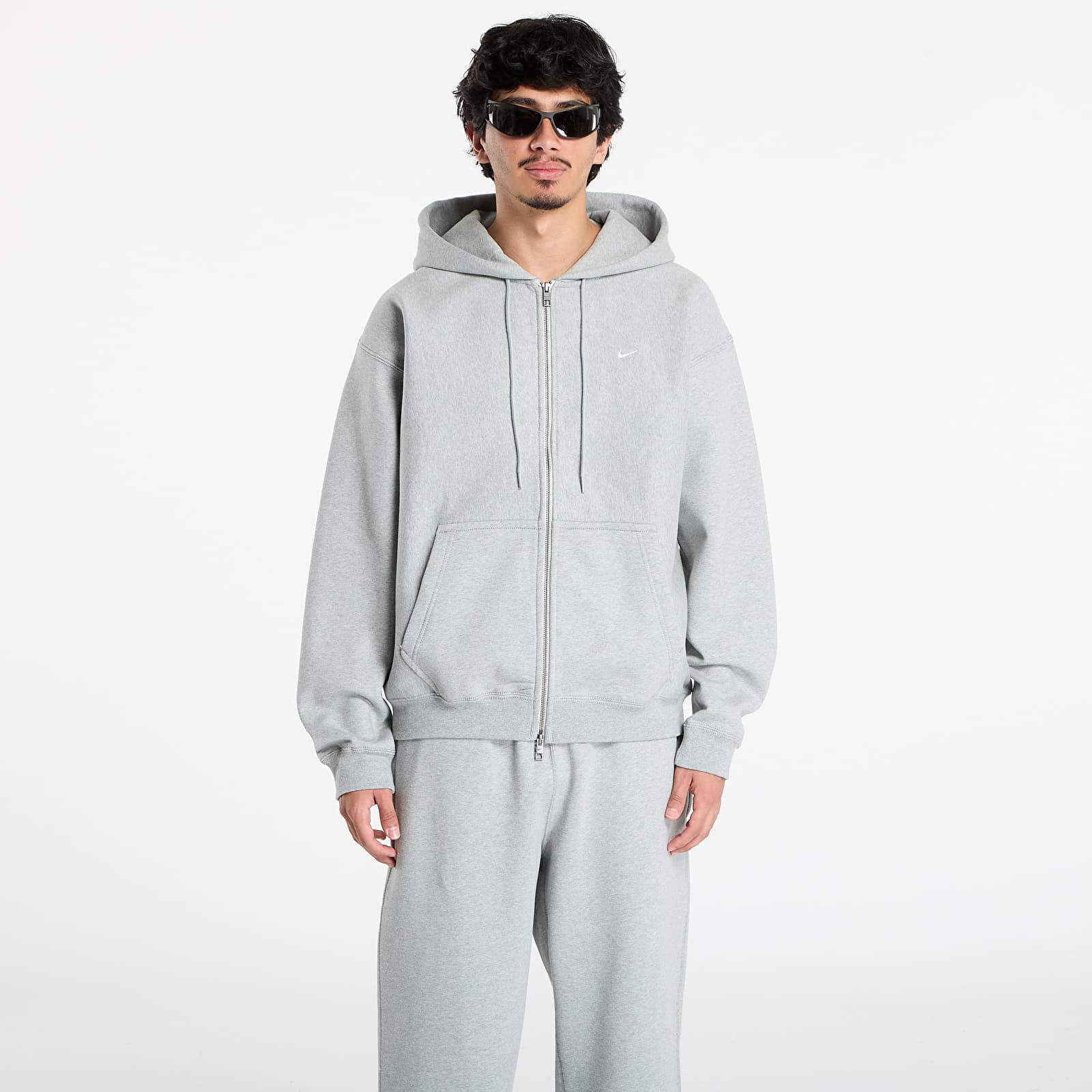 Sweatshirt Nike Solo Swoosh Men's Full-Zip Fleece Hoodie Dk Grey Heather/ Lt Smoke Grey/ White L