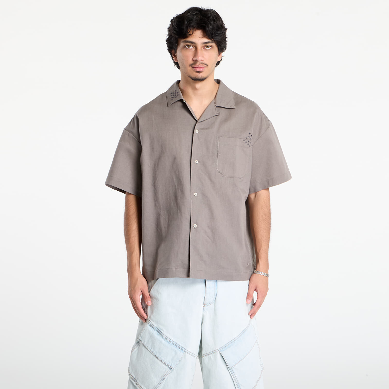 Shirt Nike Life Men's Linen Short-Sleeve Button Down Cave Stone/ Anthracite/ Cave Stone L