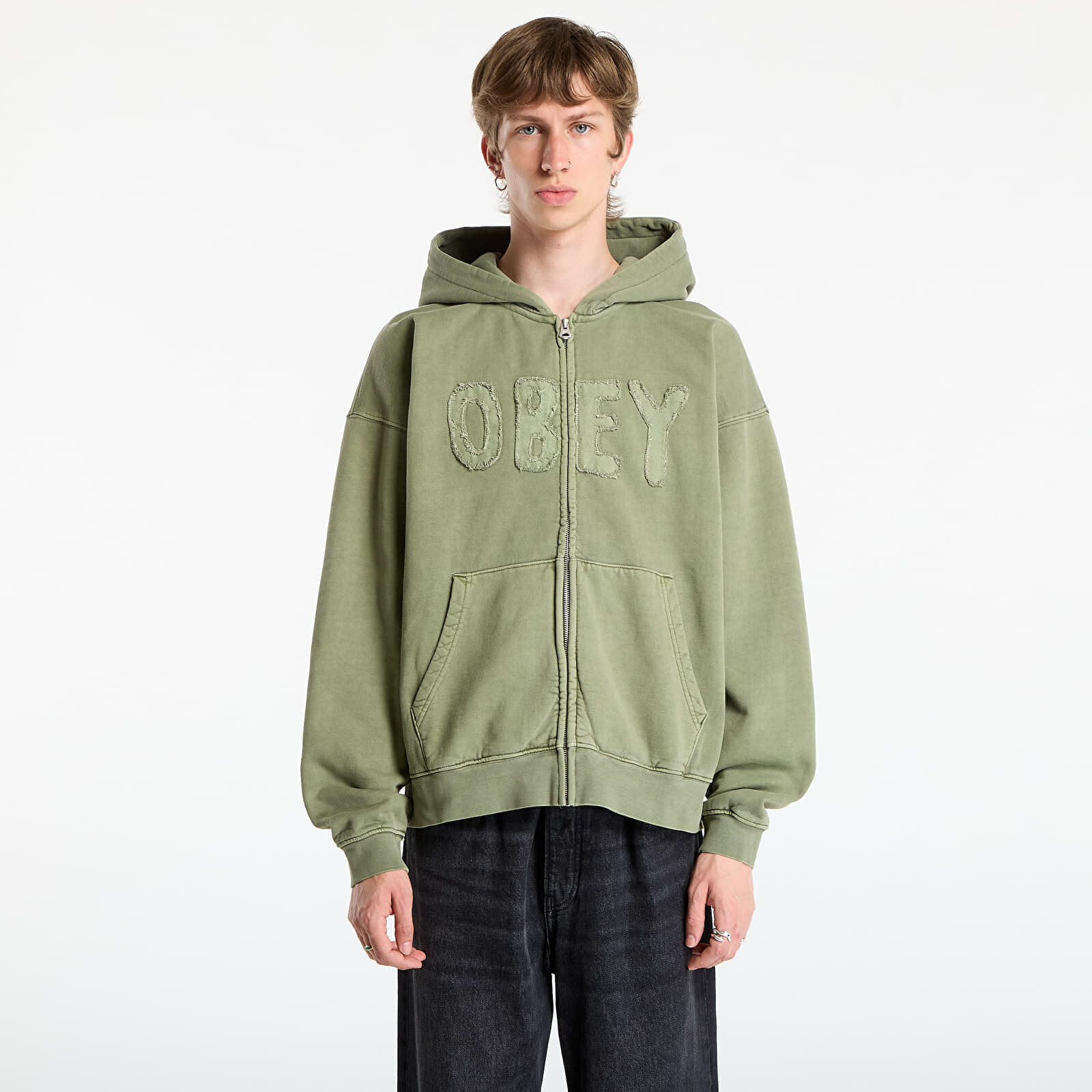 Sweatshirt OBEY Hybrid Faded Zip Hood Deep Lichen Green Faded Wash XL