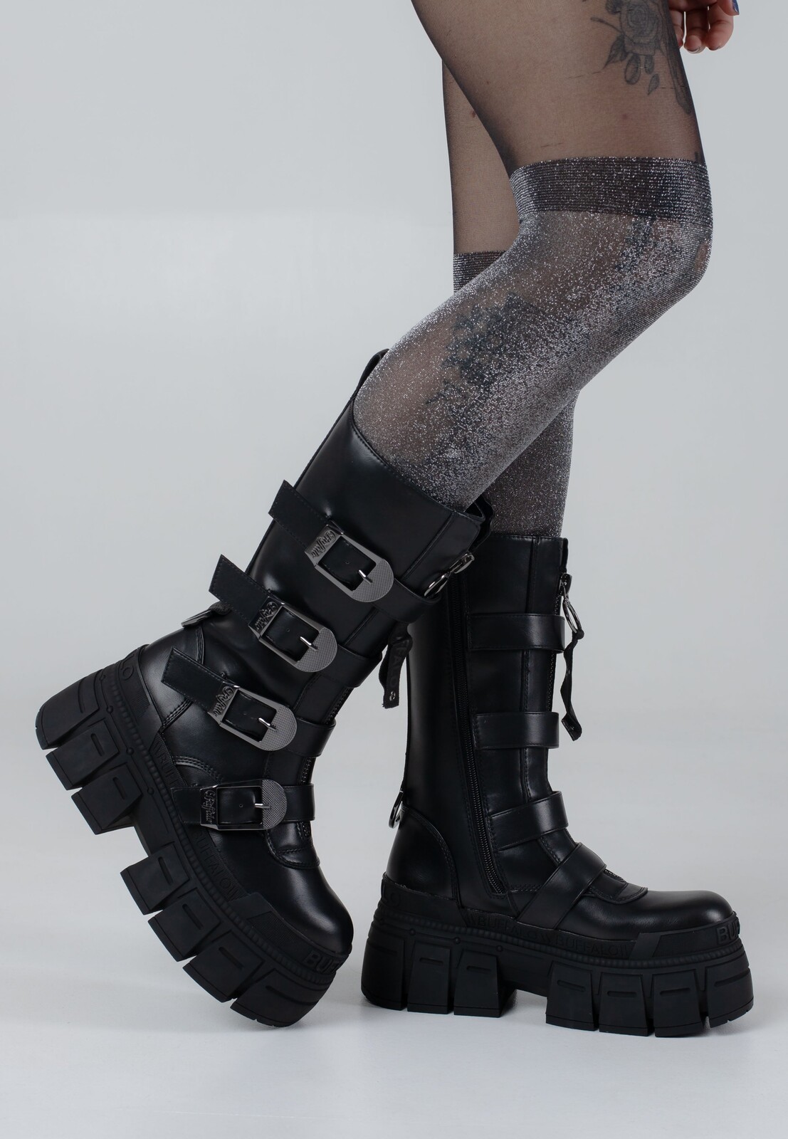 Buffalo - Gospher Biker Hi Zip Vegan Nappa Black - Girl Shoes - black - EU 36 - Synthetic/Textile/Rubber,Fake Leather