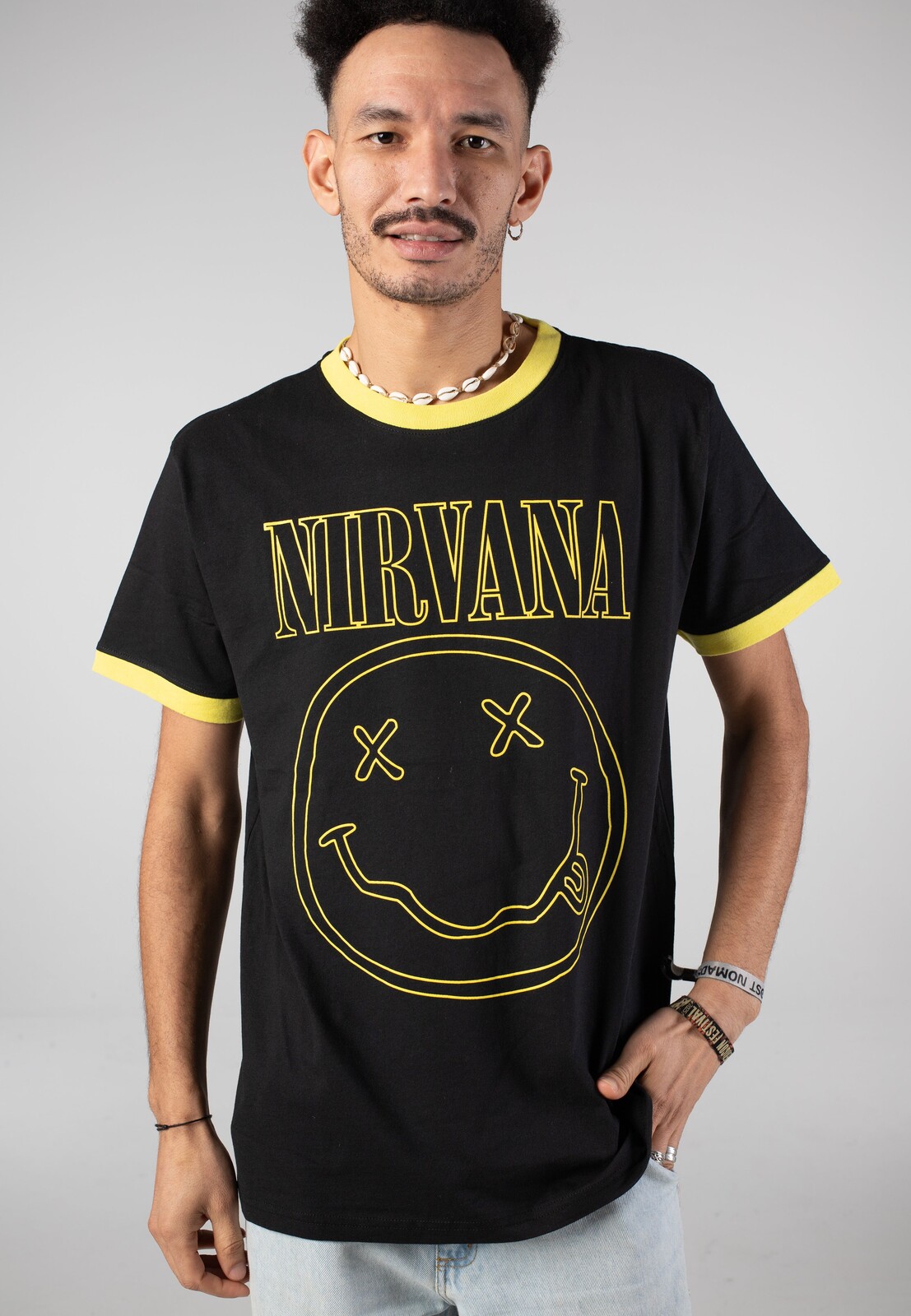 Nirvana - Outline Happy Face Ringer - T-Shirt - black - L - Jersey