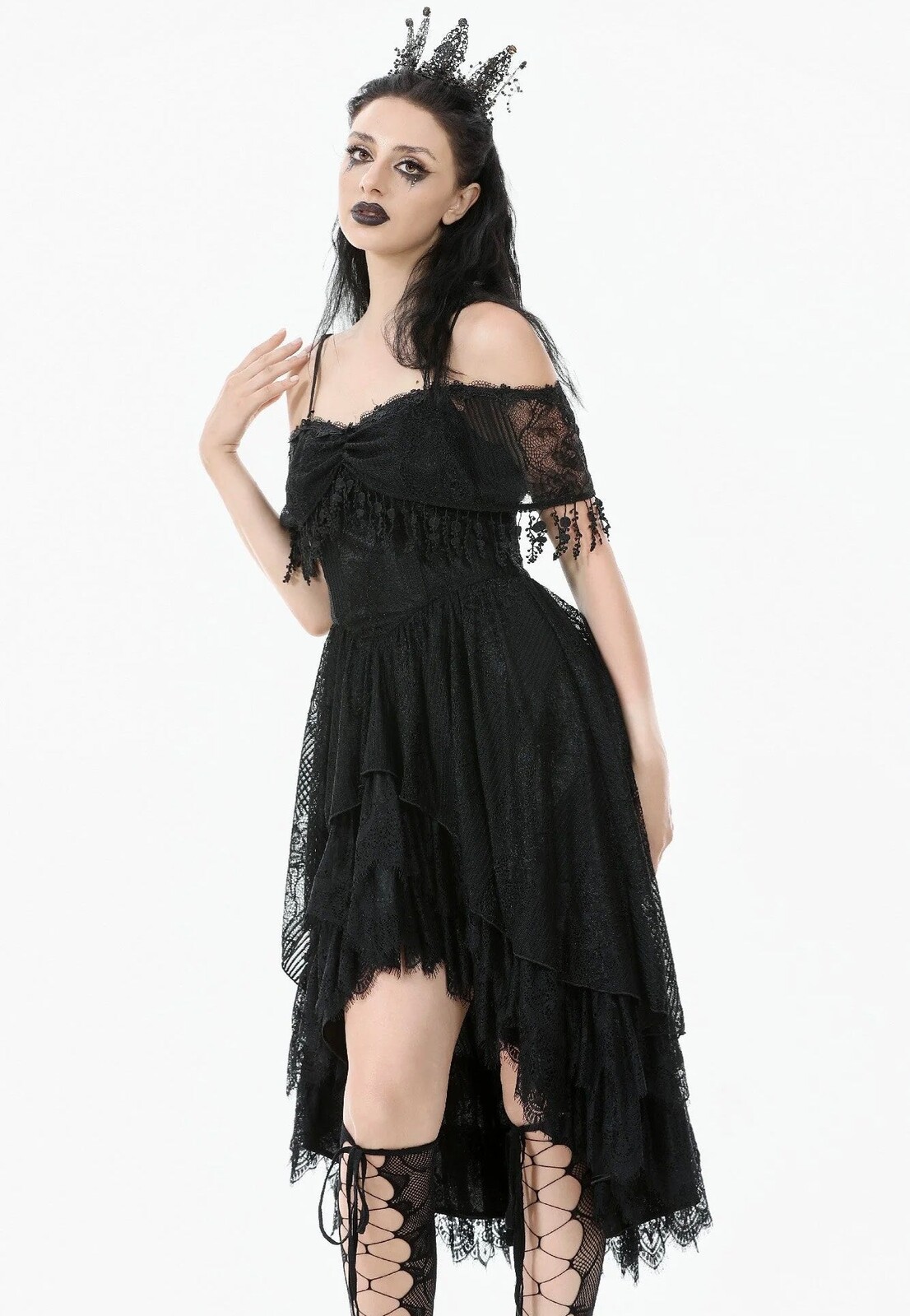 Dark In Love - Gothic Black Lace Off-Shoulder High-Low - Dress