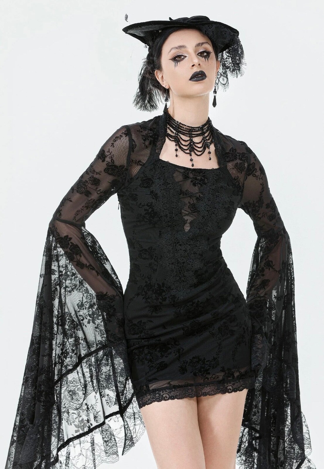 Dark In Love - Gothic Embroidered Mesh With Big Sleeves - Dress