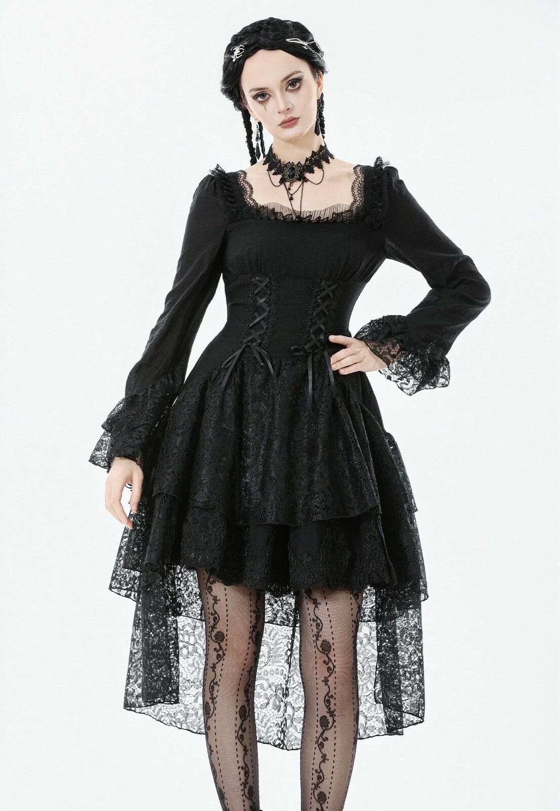 Dark In Love - Romantic Gothic Lace High-Low Tiered - Dress
