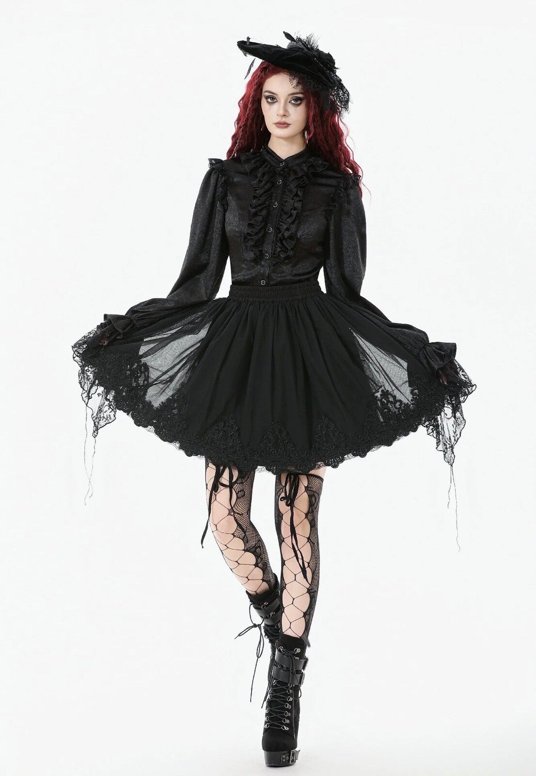 Dark In Love - Black All-Match Shadow Rose Embroidered Petticoat - Skirt