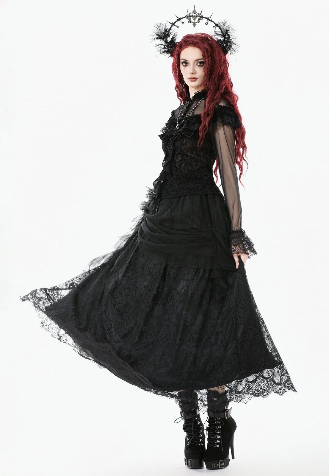 Dark In Love - Gothic Court Floral Pleated Tulle - Skirt