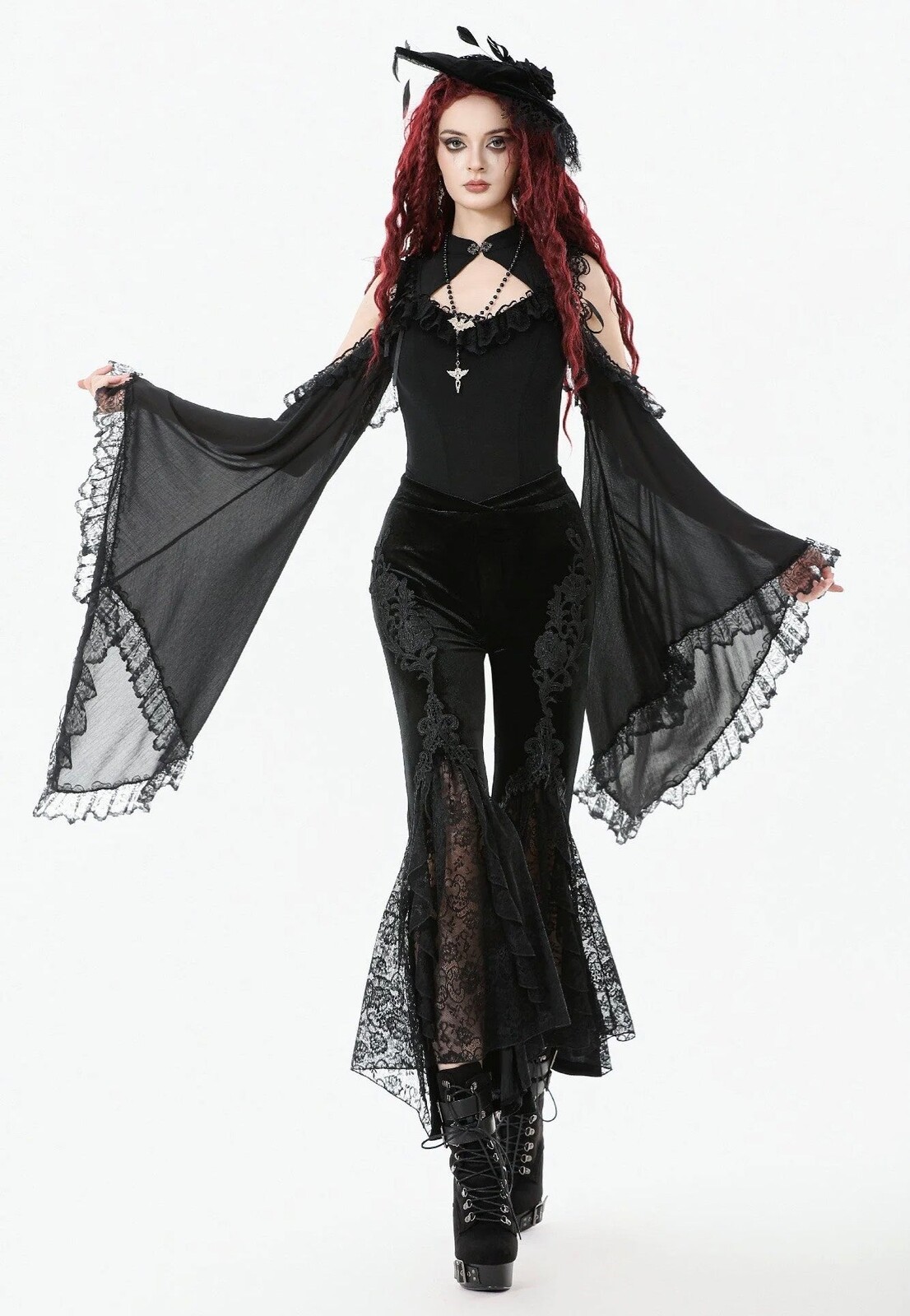 Dark In Love - Gothic Applique Velvet Flared - Pants