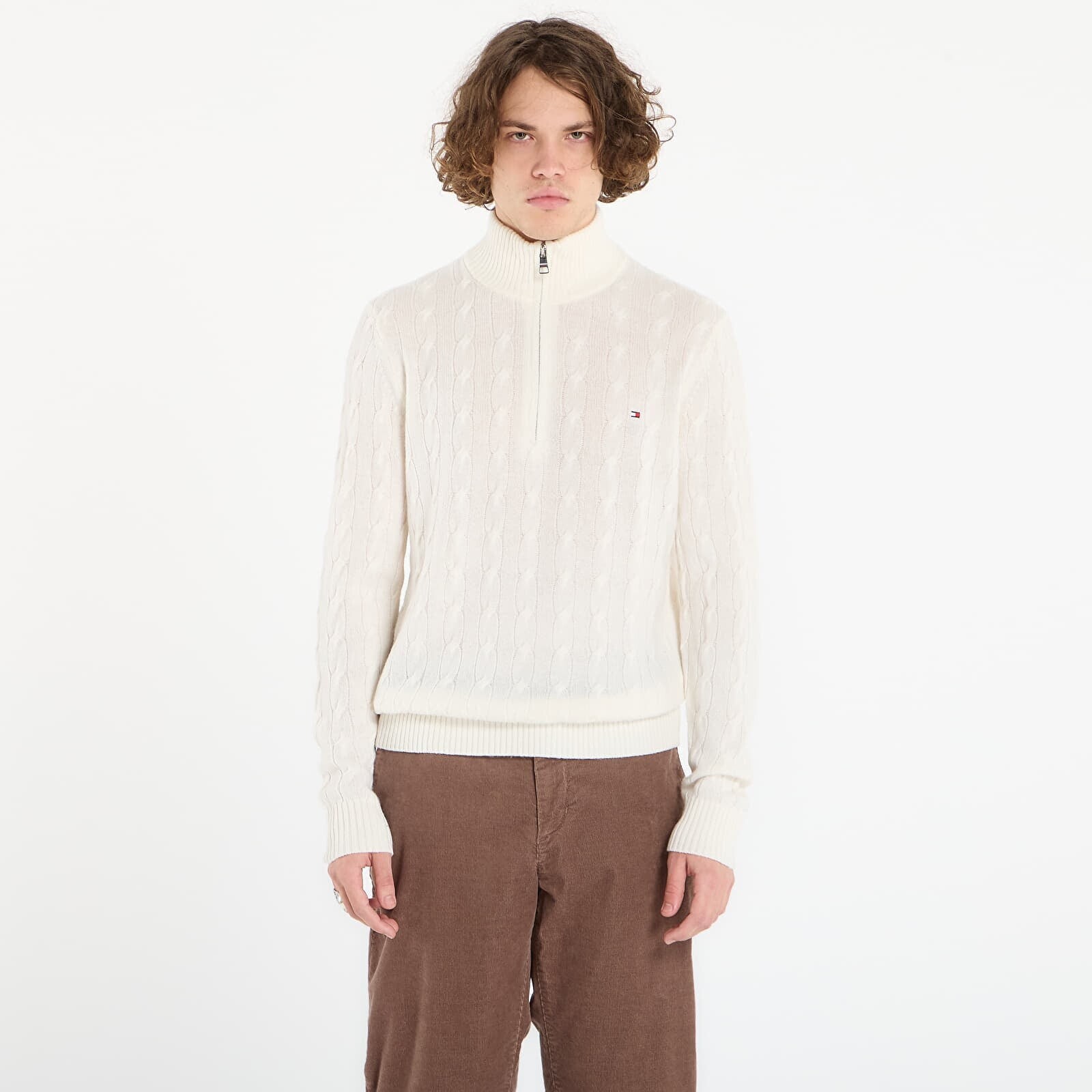 Sweater Tommy Hilfiger Lambswool Blend Cable Zip Mock Ivory Petal M