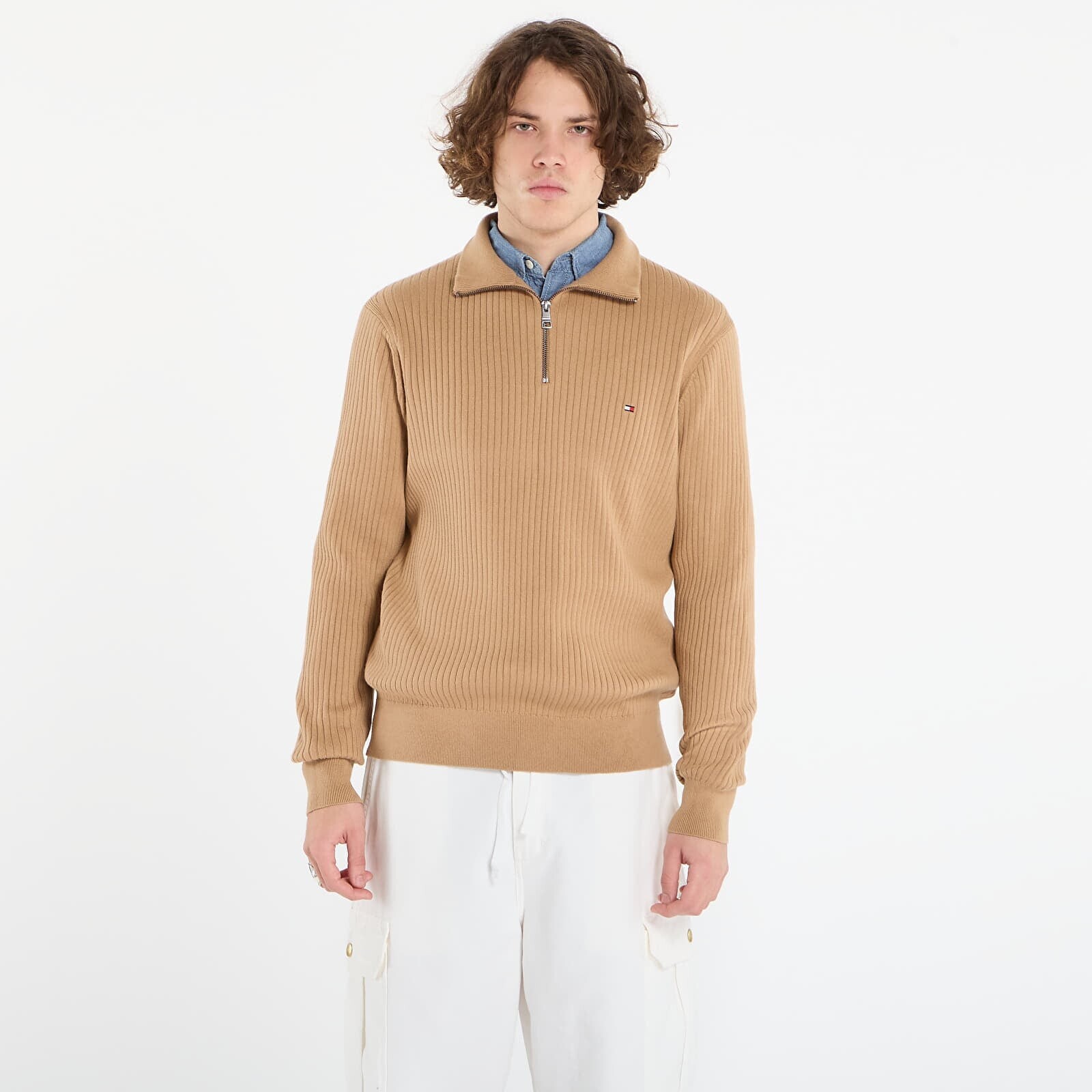Sweater Tommy Hilfiger Pima Cotton Cash Structure Zip Mock Timeless Camel M
