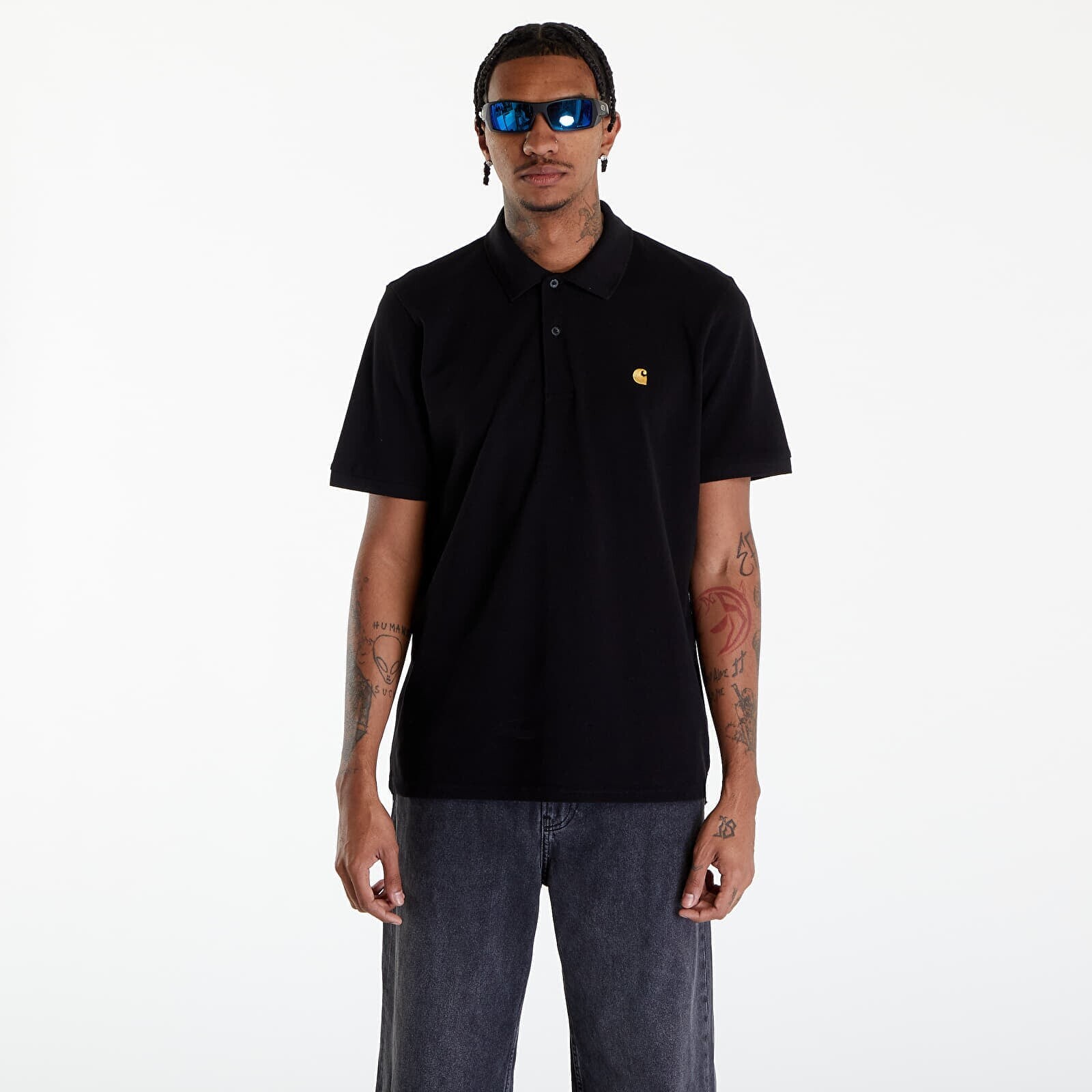 T-shirt Carhartt WIP Short Sleeve Chase Pique Polo T-Shirt UNISEX Black/ Gold M