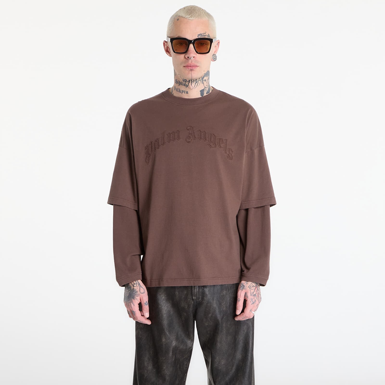 T-shirt Palm Angels Curved Logo Double Tee L/S UNISEX Brown/ Brown M