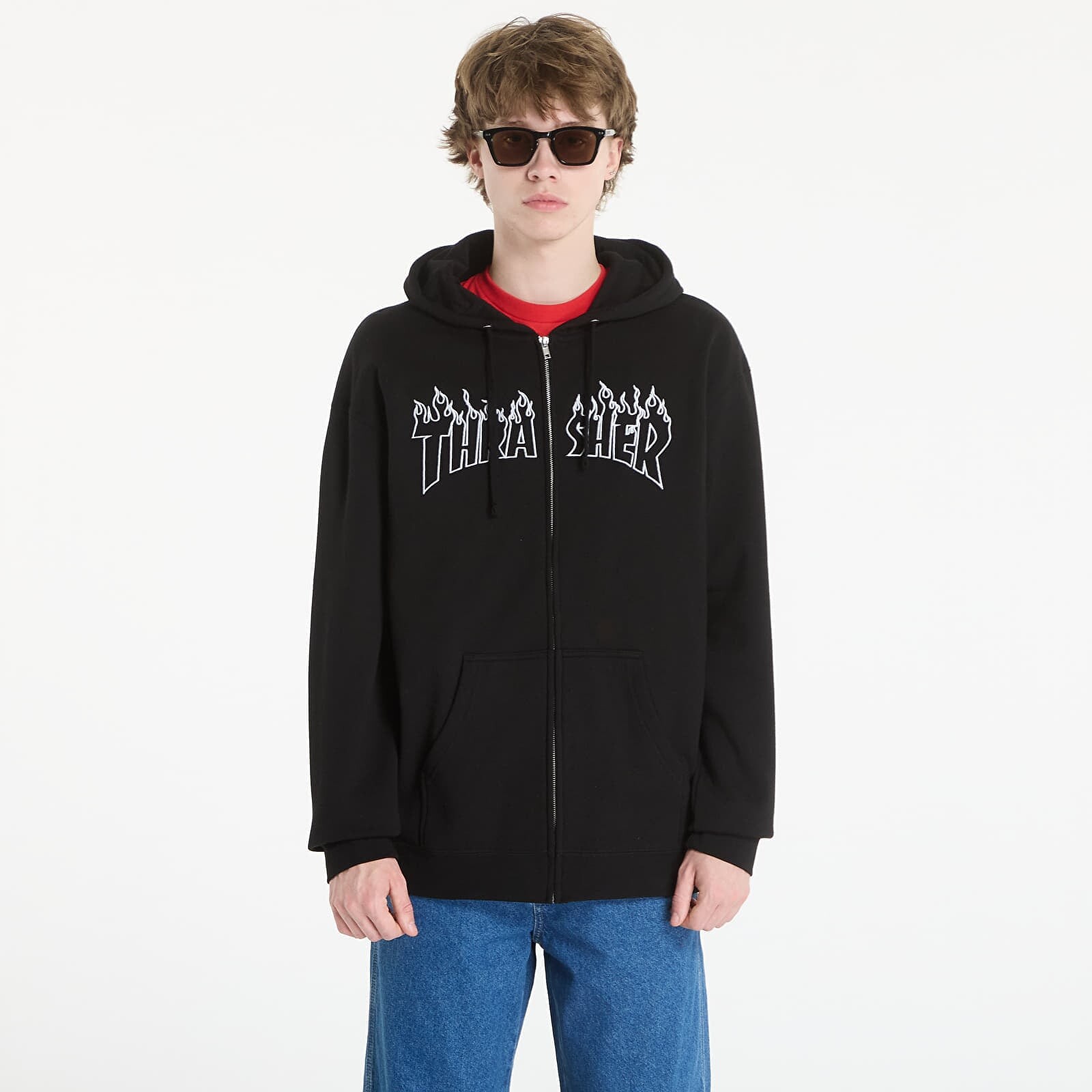 Sweatshirt Thrasher Flame Embroidered Zip Hoodie Black L