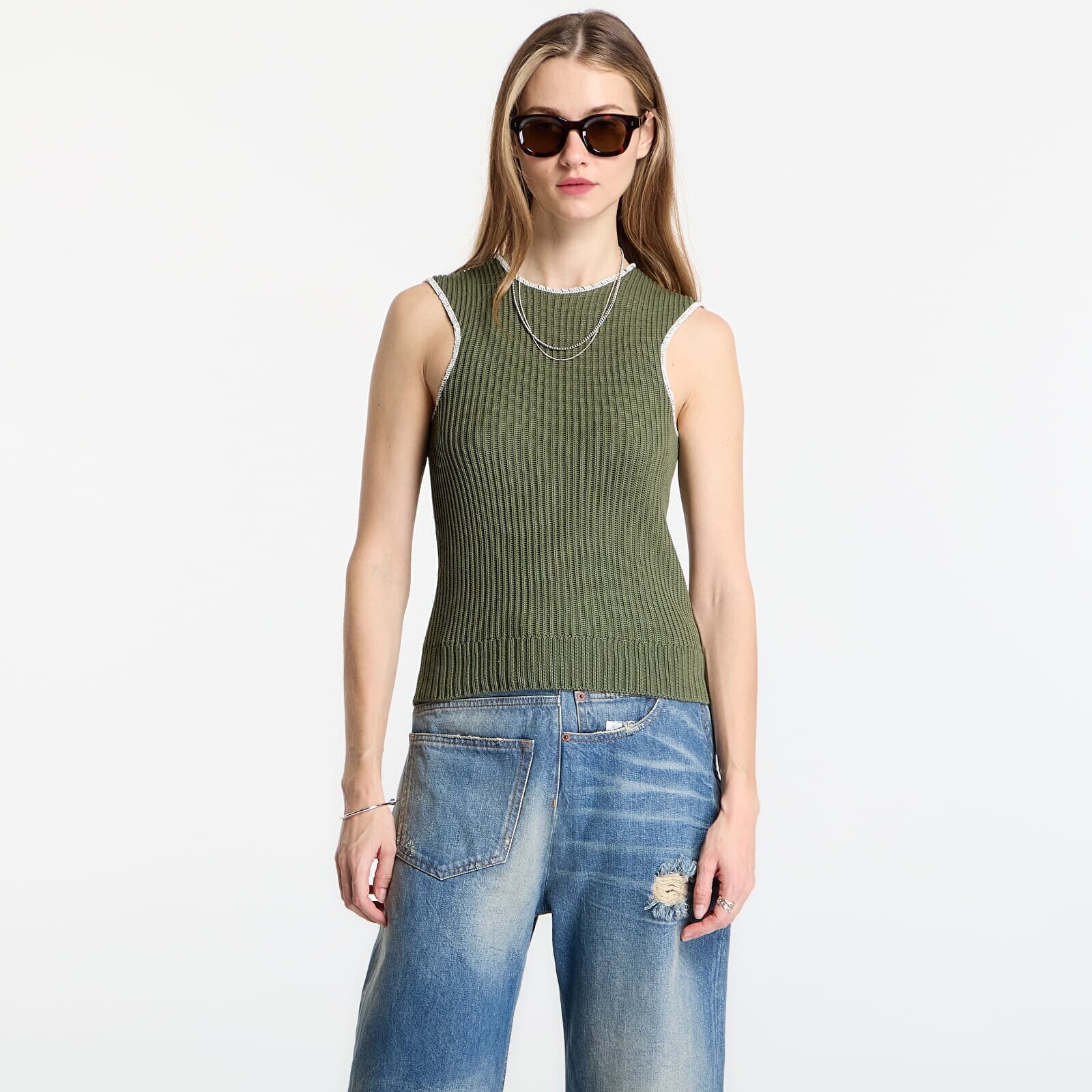 Top MM6 Ribbed Knit Sleeveless Top Khaki L
