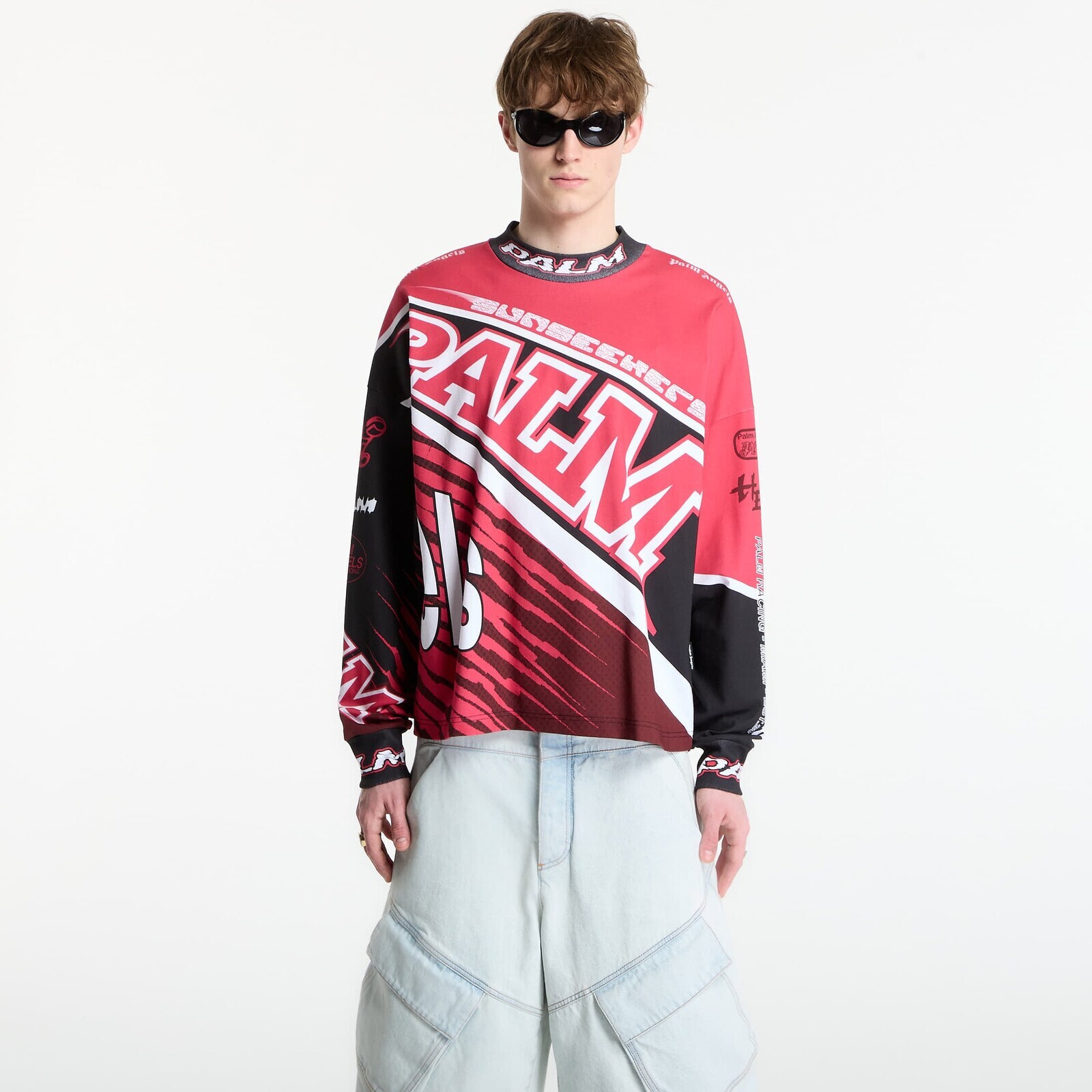 T-shirt Palm Angels Racing Loose Long-Sleeved T-Shirt UNISEX White/ Navy Blue L