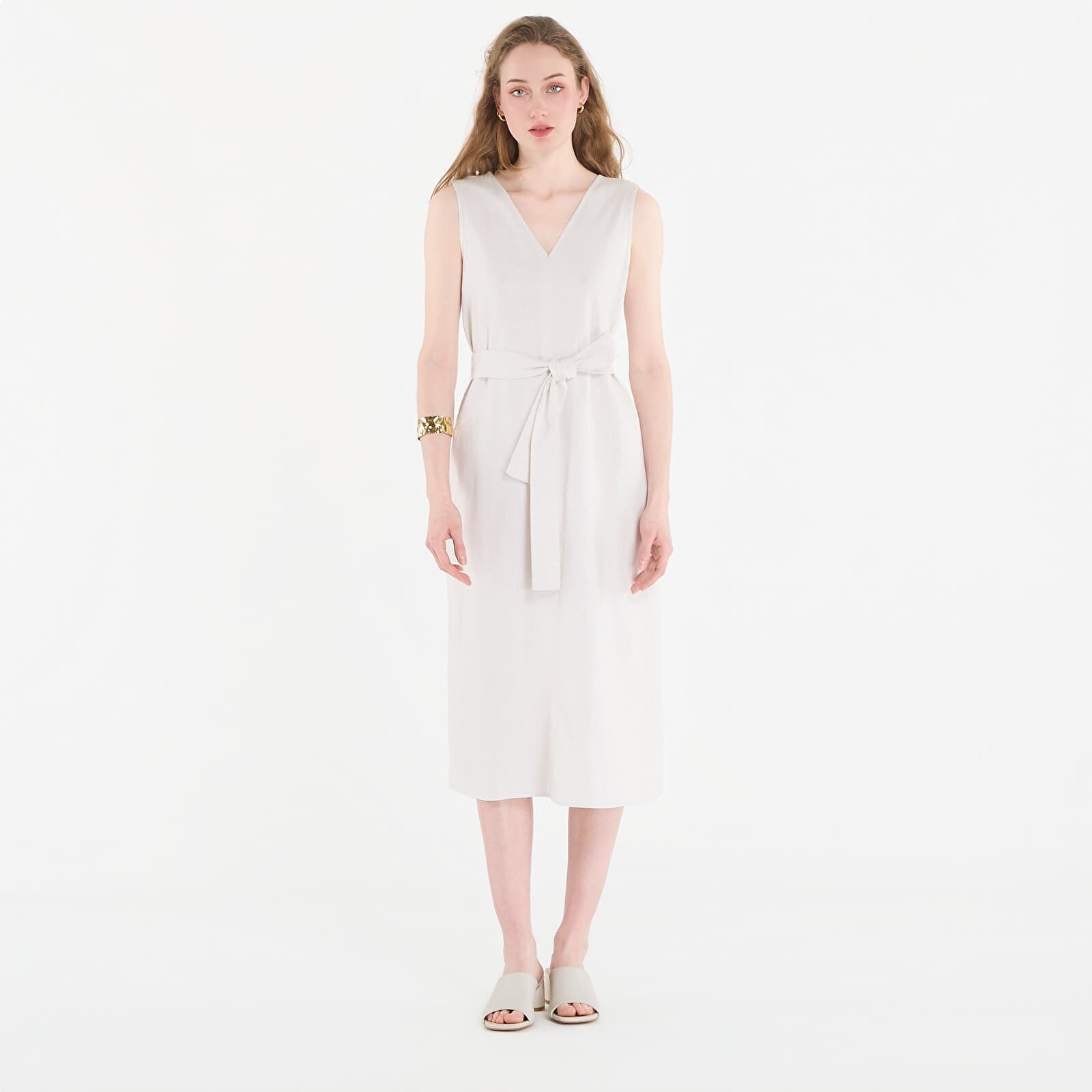 Calvin Klein Linen V Neck Sleeveless Dress White Sand L