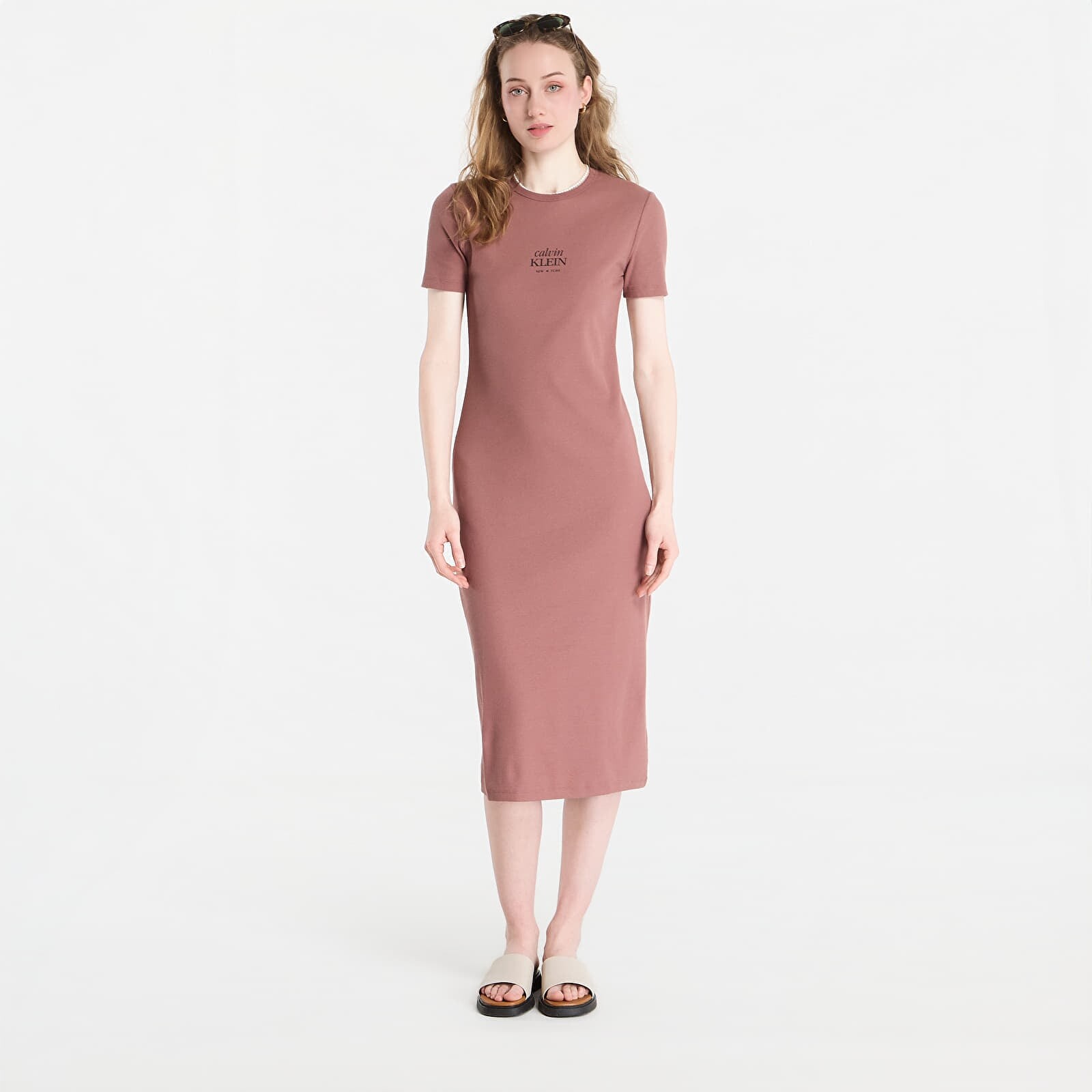Calvin Klein Jeans Ss 2X2 Baby Rib Logo Midi Dress Sierra Brown M