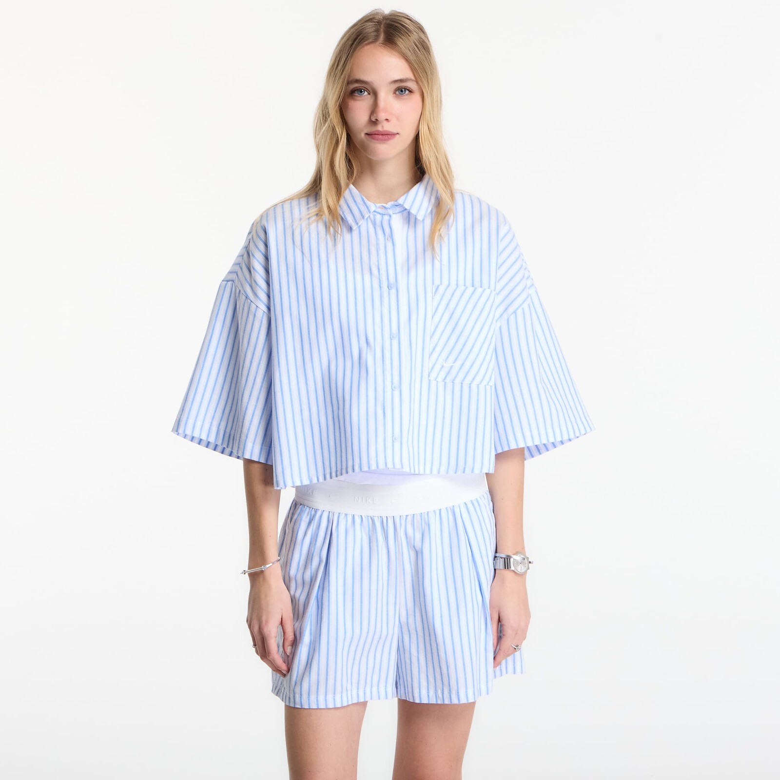 Shirt Nike Sportswear Chill Poplin Women's Oversized Short-Sleeve Top Lt Photo Blue/ Hydrogen Blue/ Summit White XS