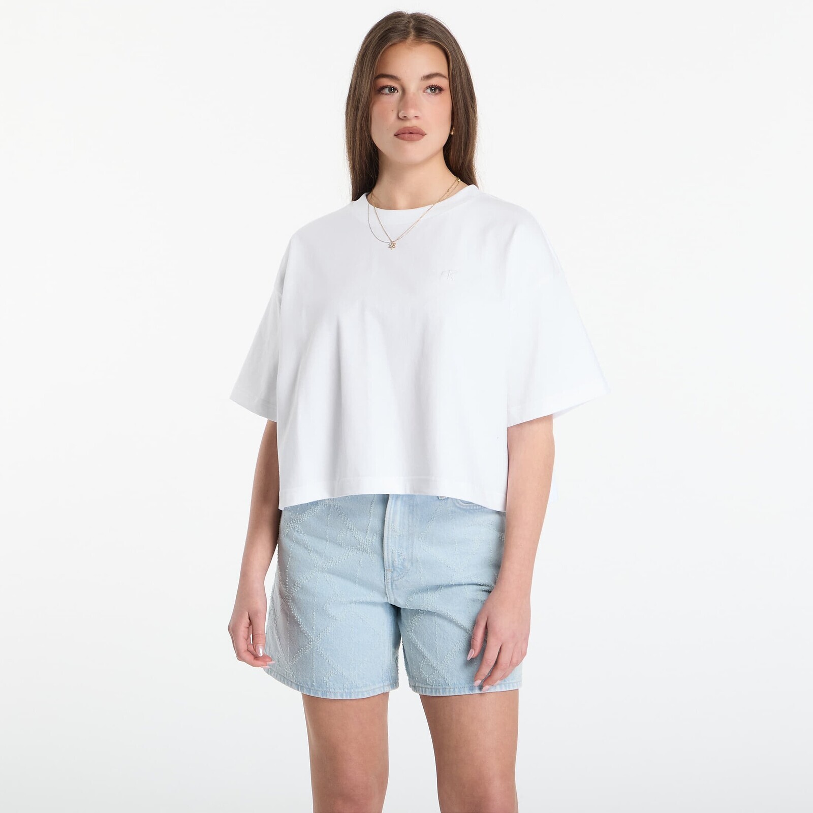 T-shirt Calvin Klein Jeans Ss Cropped Boxy Satin Floral Tee Bright White L
