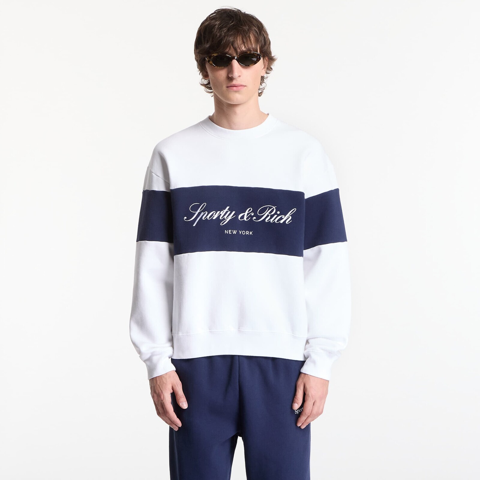 Sweatshirt Sporty & Rich Signature Logo Block Crewneck UNISEX White/ Dark Navy M