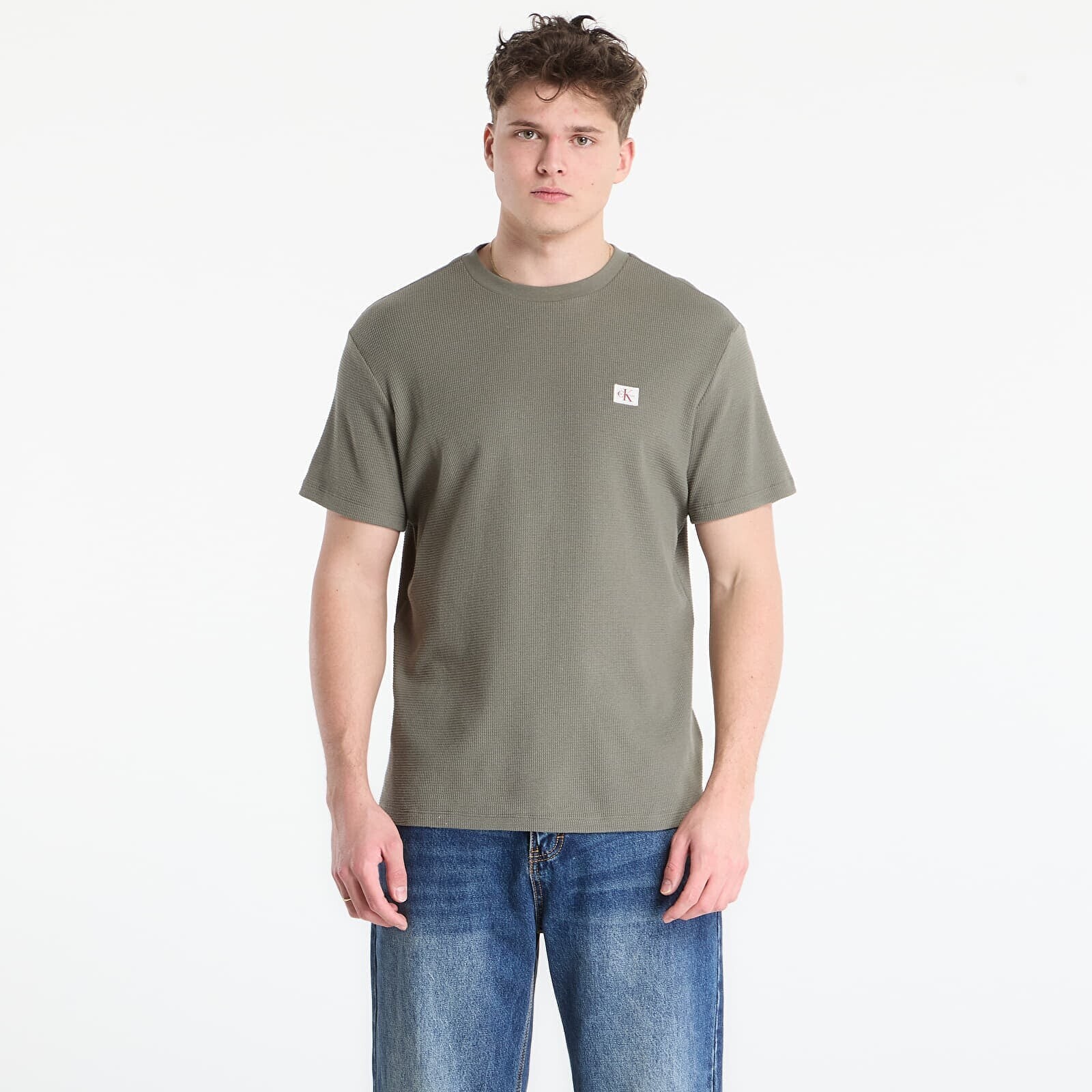 T-shirt Calvin Klein Jeans Ss Waffle Woven Label Crewnk Tee Dusty Olive XL