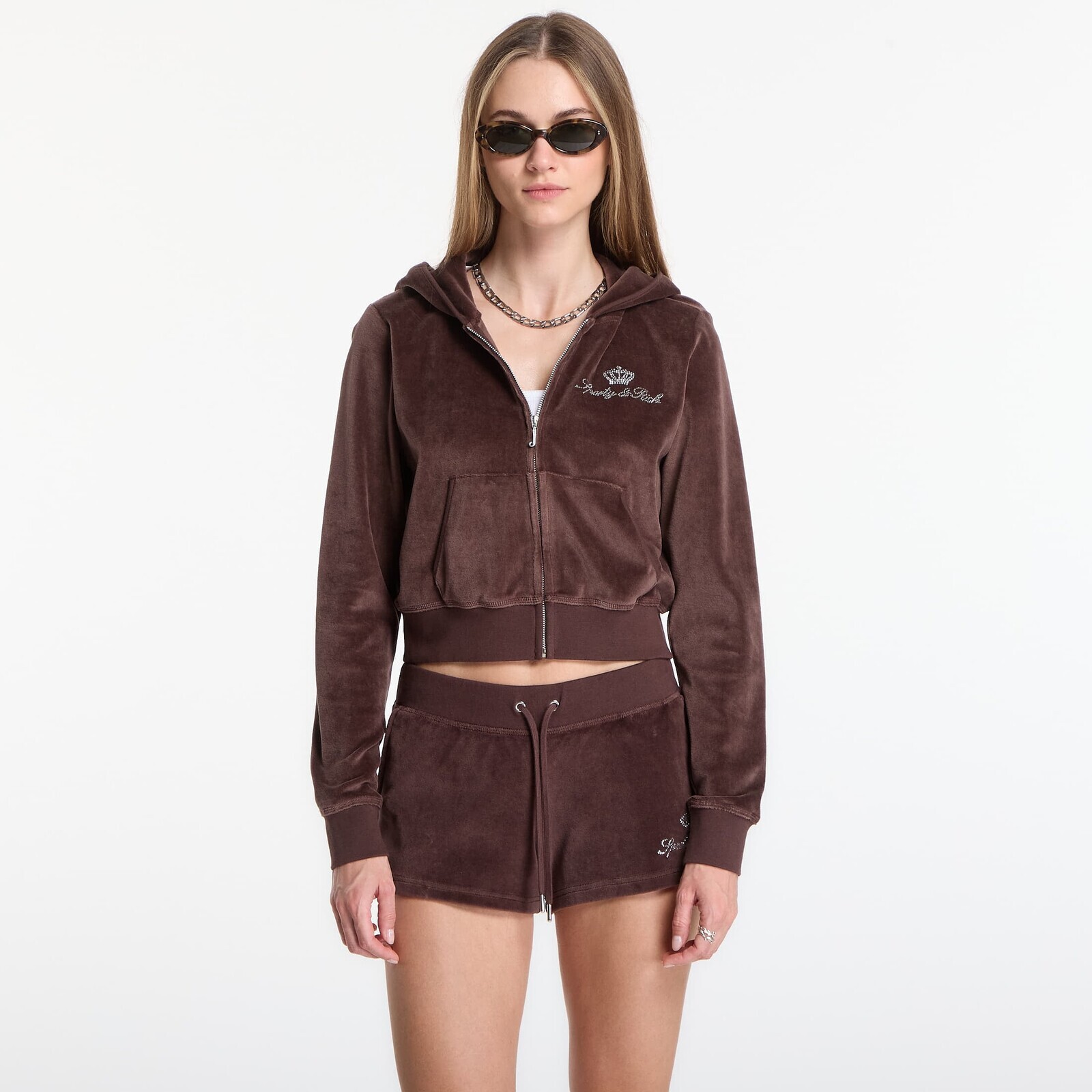 Sweatshirt Sporty & Rich Juicy Script Velour Zip Hoodie Chocolate L