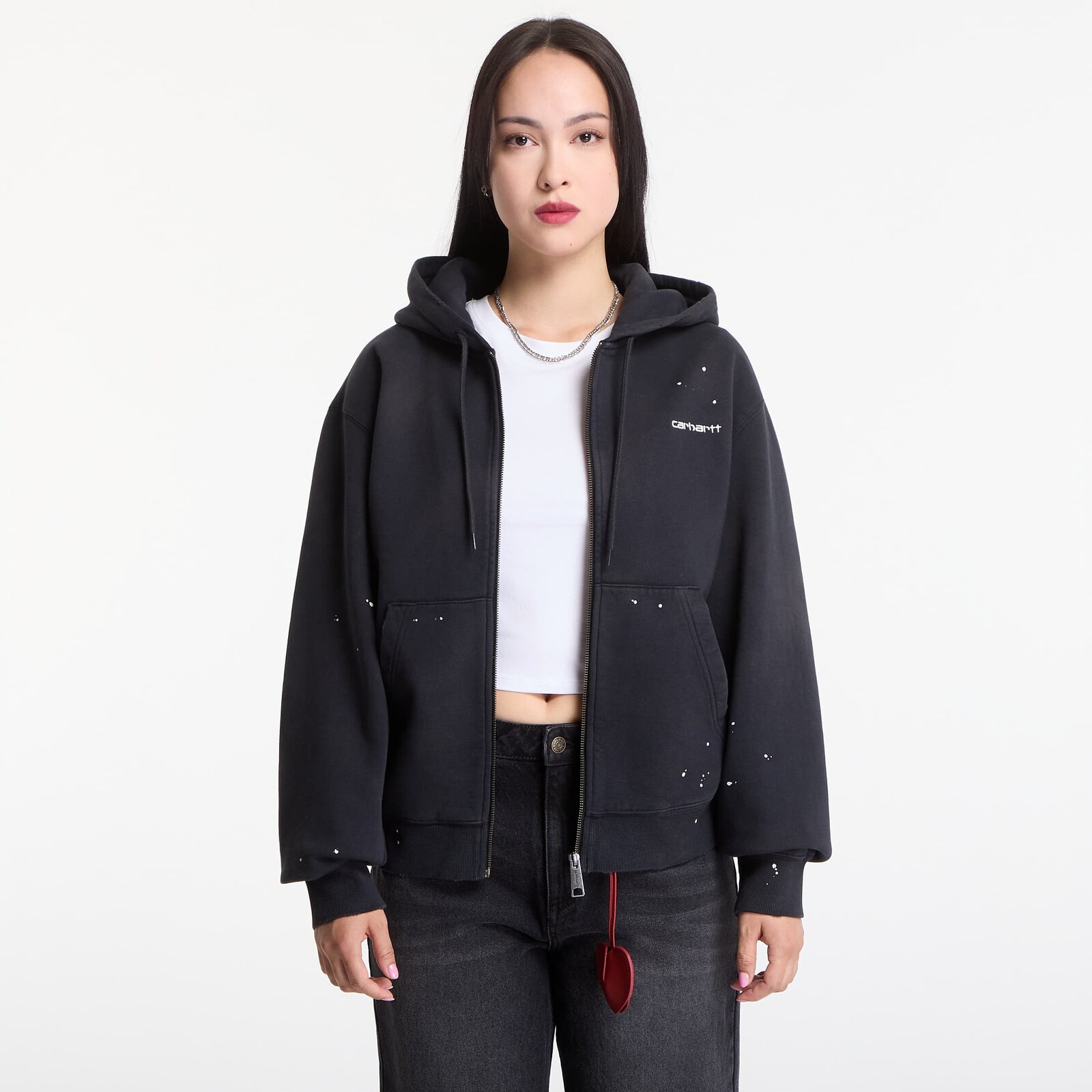 Sweatshirt Carhartt WIP Hooded Painter Jacket UNISEX Black Destroy Wash, Splatter M