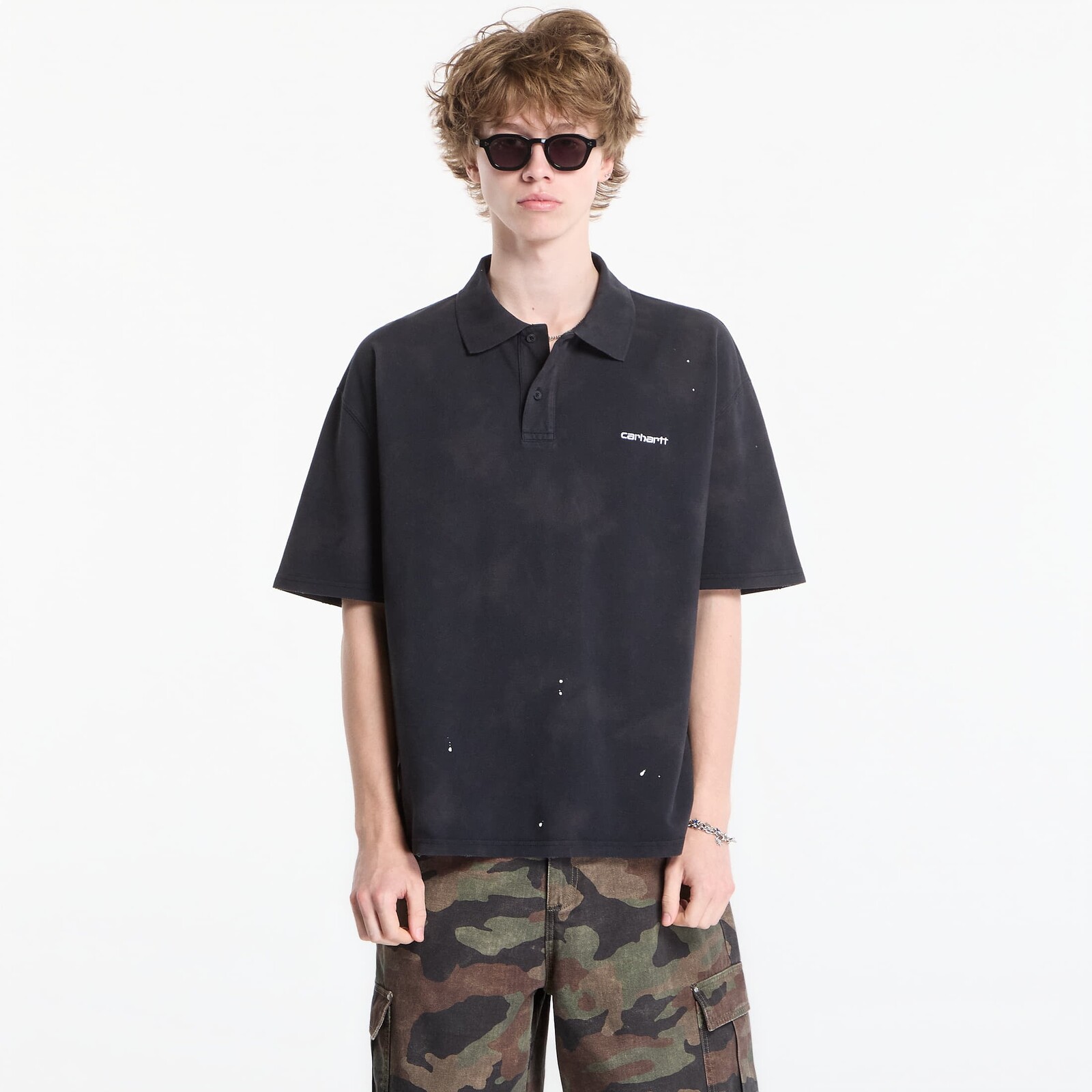 T-shirt Carhartt WIP S/S Painter Polo UNISEX Black Destroy Wash, Splatter XXL