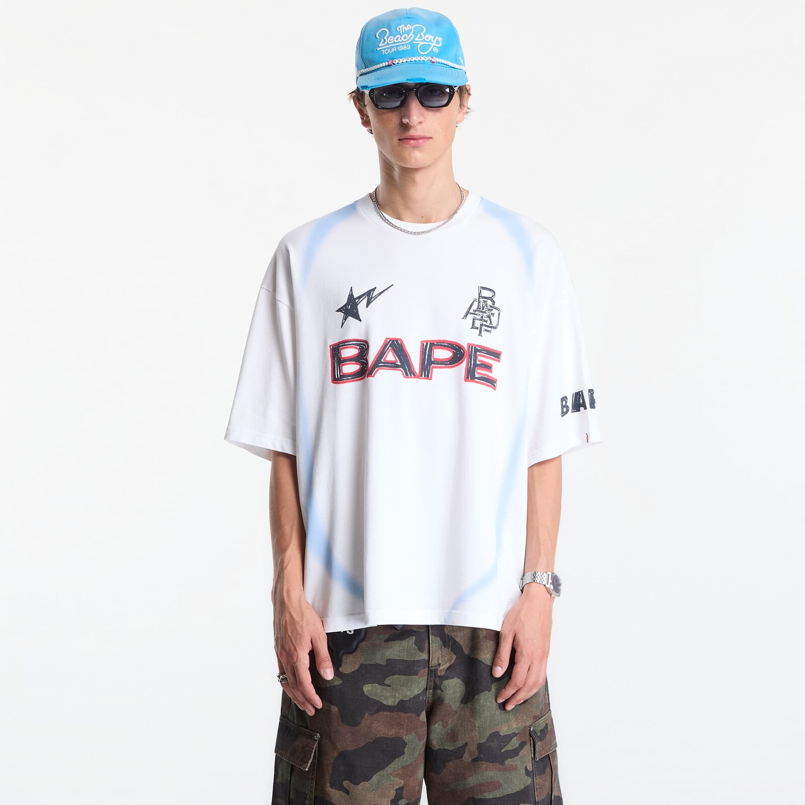T-shirt A Bathing Ape Heavy Wash Hand Draw Football Multi Logo Relaxed Fit Tee UNISEX White L